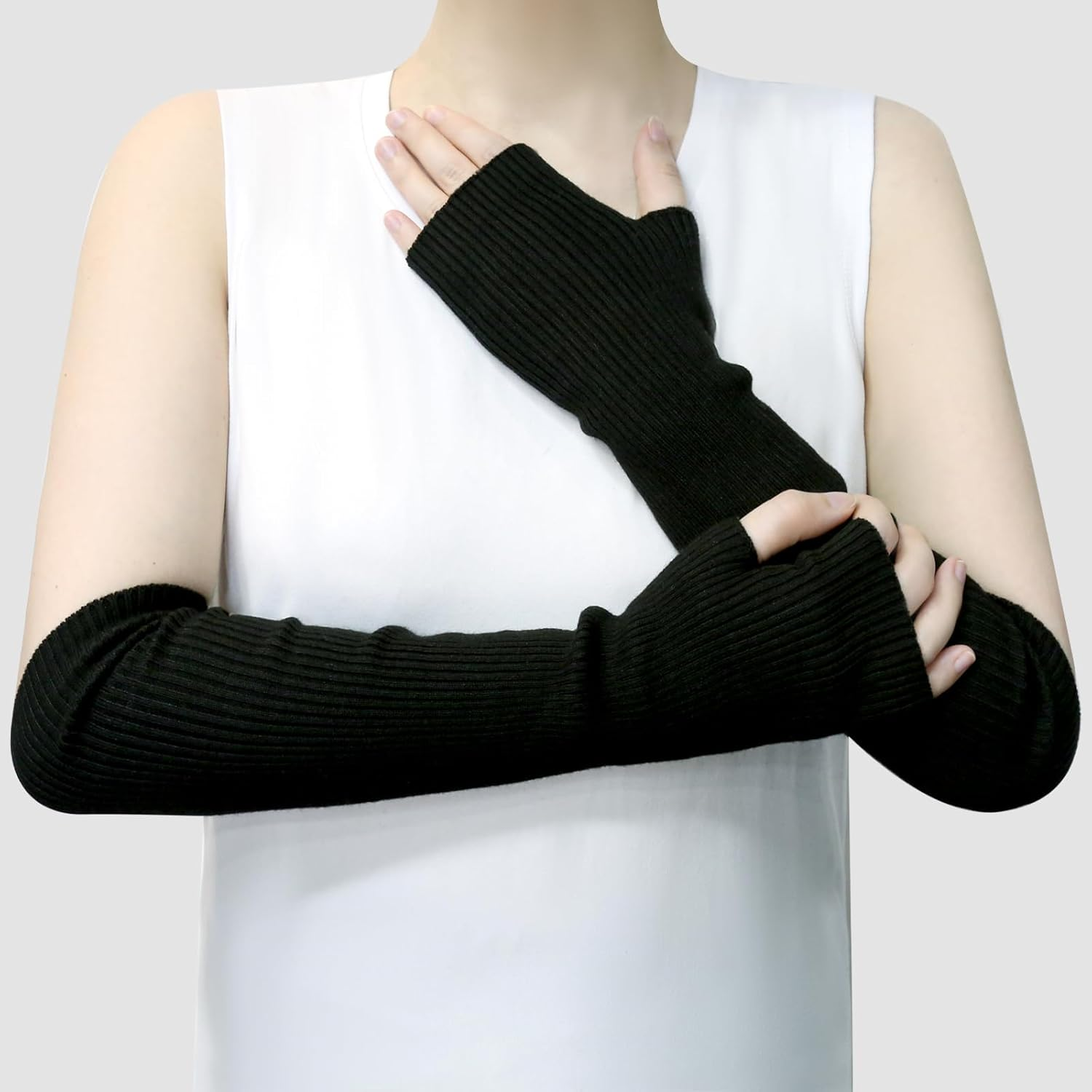 SEYUFN Winter Fingerless Long Gloves for Women Cashmere Blended Knitted Arm Warmers Super Soft Black Arm Sleeves image number 2