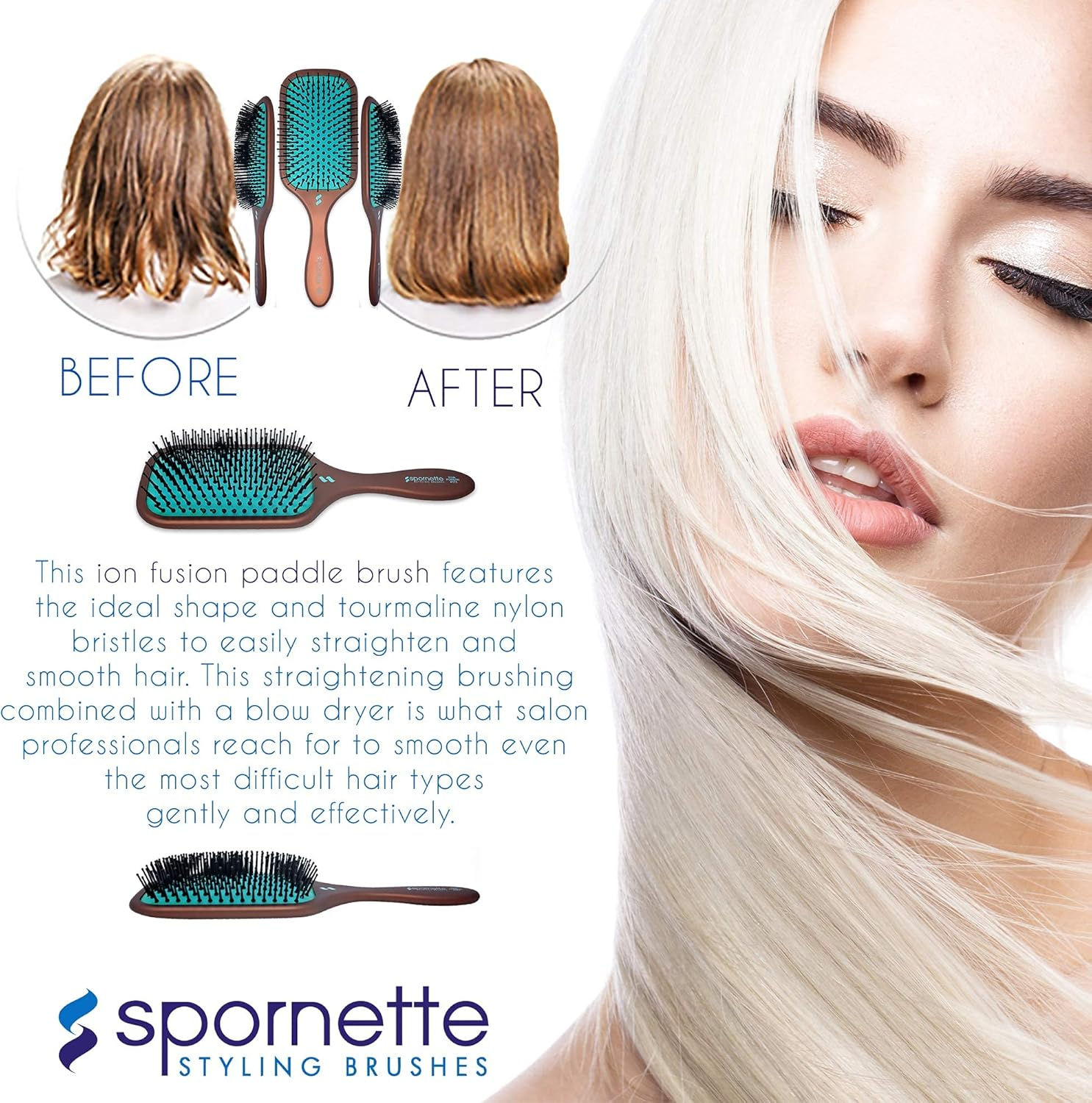 Spornette Ion Fusion Cushion Paddle Brush (#172) with Nylon Ball-Tipped Bristles for Hair Straightening, Detangling, & Smoothing Short, Medium, & Long Hair on Men, Women, & Children image number 5