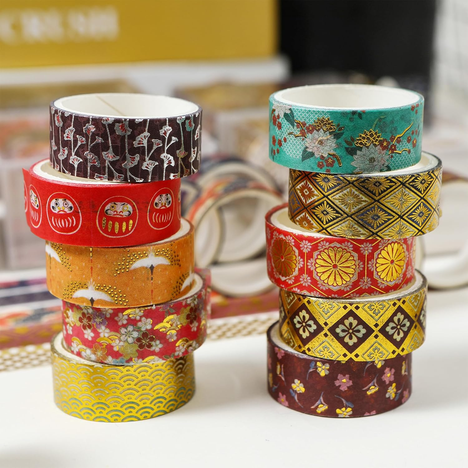 Songdao 10 Rolls Sakura Washi Tape Set Japanese Arts Adhesive Tapes Gold Silver Foil Decorative Masking Tape Sets for Craft, Kids, Scrapbook, DIY, Gift Wrapping (Golden Kimono)