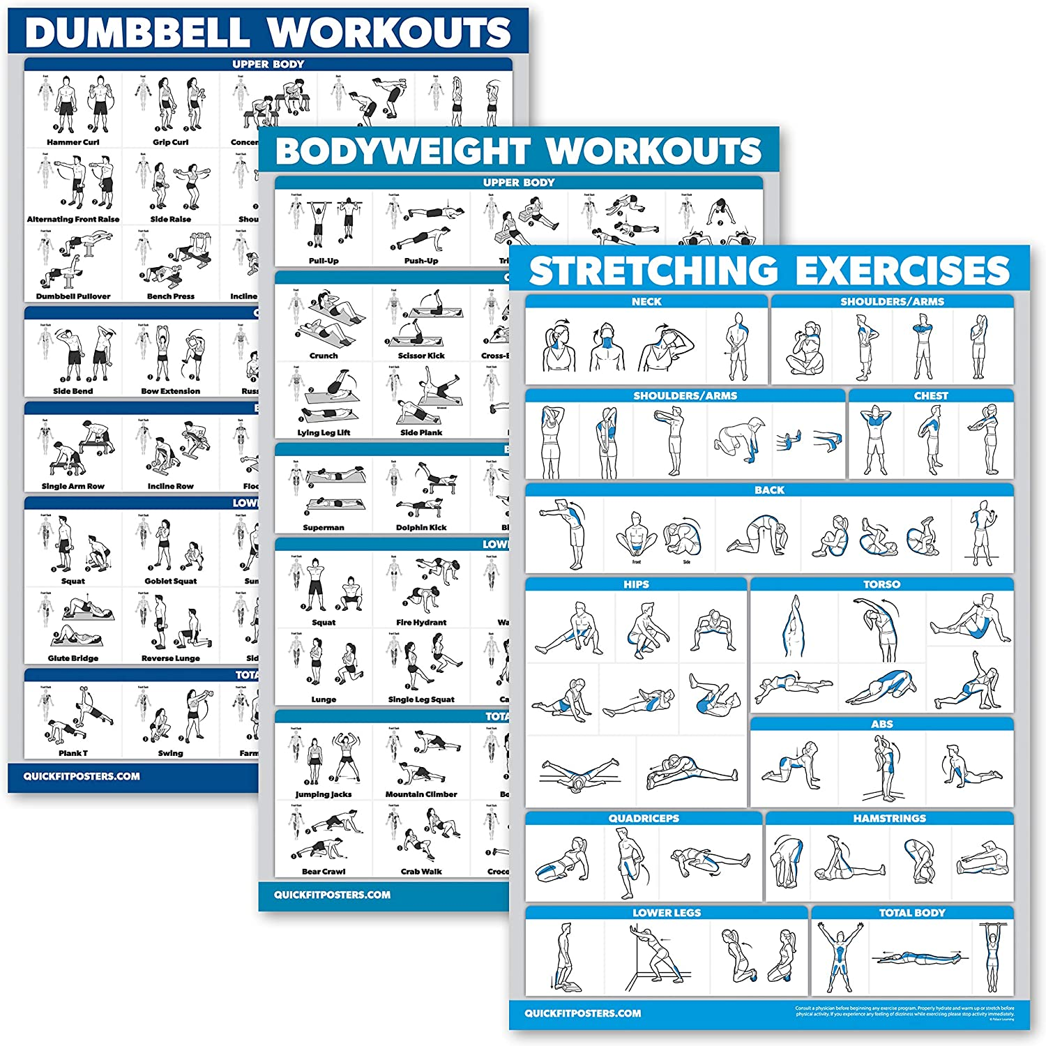 Quickfit 3 Pack - Dumbbell Workouts + Bodyweight Exercises + Stretching Routine Poster Set - Set of 3 Workout Charts (Laminated, 18" X 27") image number 1