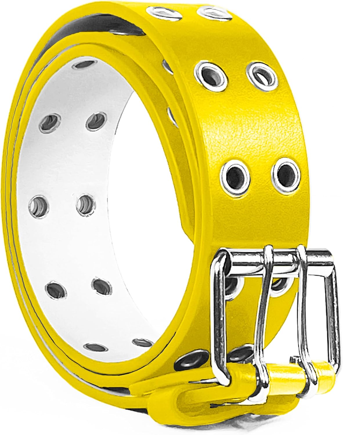 Double Grommet Leather Belt - PU Leather - Double Prong Belt Buckle - 2 Hole Grommet Belt for Women Men by Belle Donne