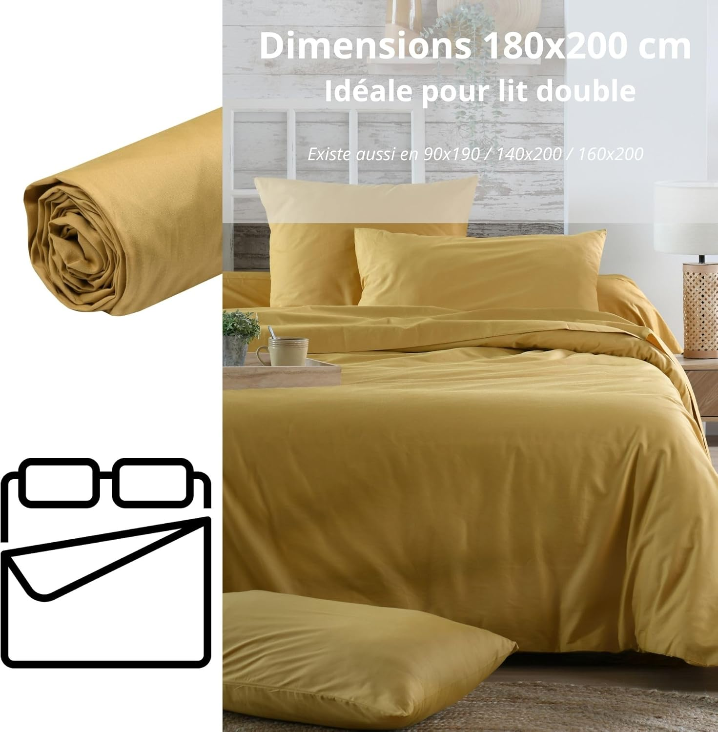 STOF - Fitted Sheet - Size 180 X 200 Cm Large 30 Cm - Cotton Percale Quality - 100% Oeko-Tex Certified Cotton - Mustard Colour - Elysee Model - Bed Linen for Home - Soft and Comfortable image number 2