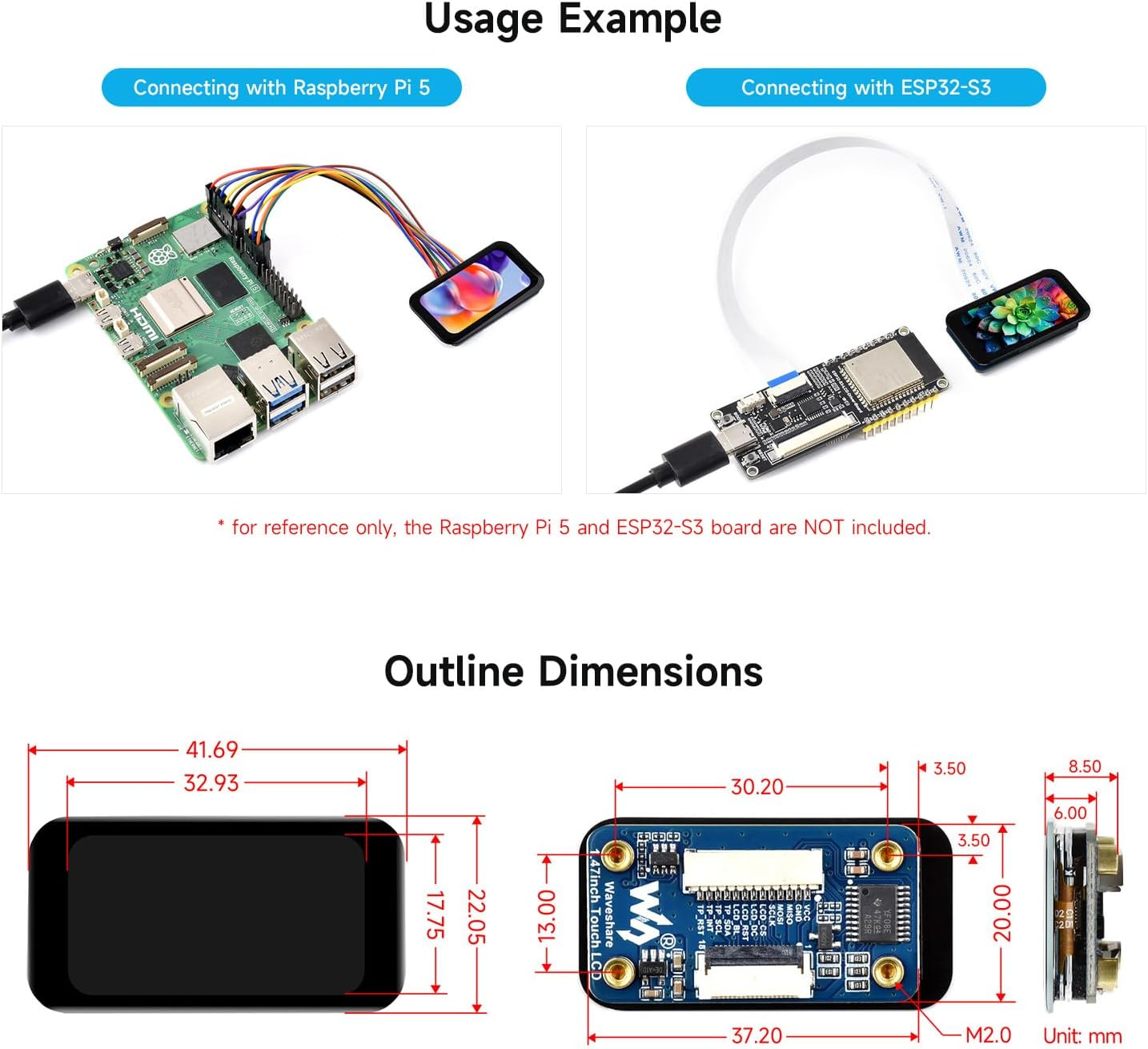 Waveshare 1.47Inch LCD Small Display Module with Touch Panel, Compatible with Raspberry Pi/Pi Pico/ ESP32S3, Micro LCD Display, 172&times;320 Resolution, IPS, SPI and I2C Communication, 262K Display Color image number 5