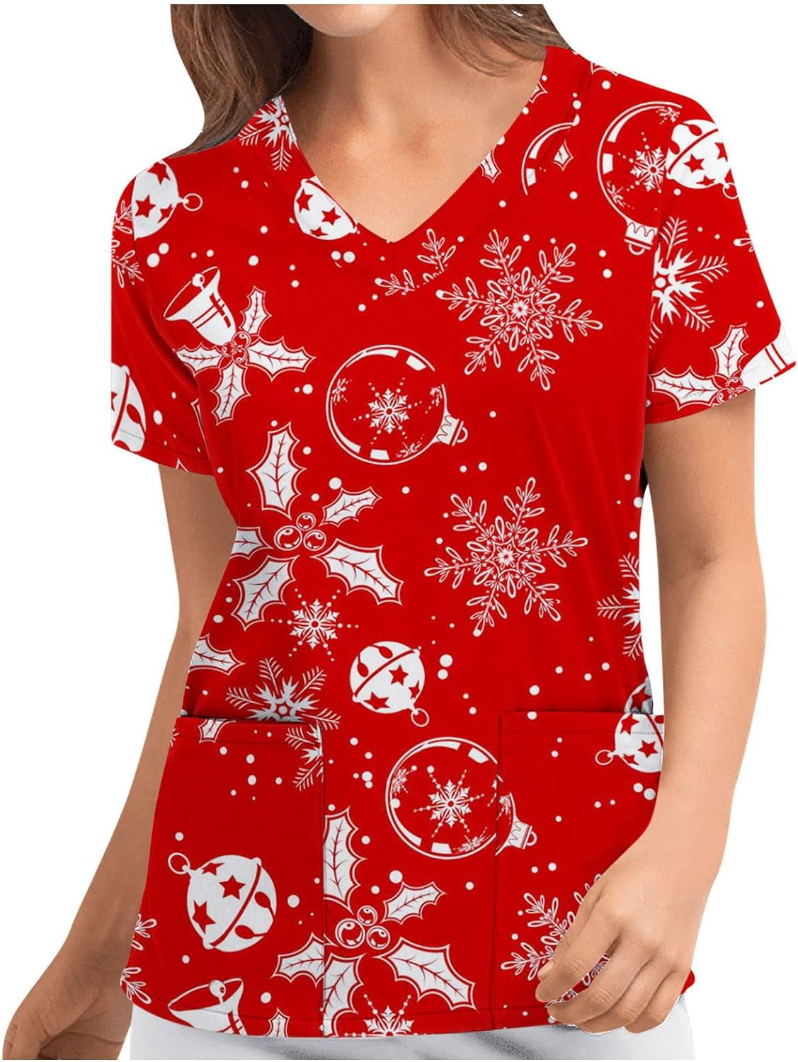 Women'S Christmas V-Neck Short Sleeve Nursing Uniform Xmas Santa Gifts Printed Workwear Holiday Graphic Tees Blouse Scrubs Tops with Pockets