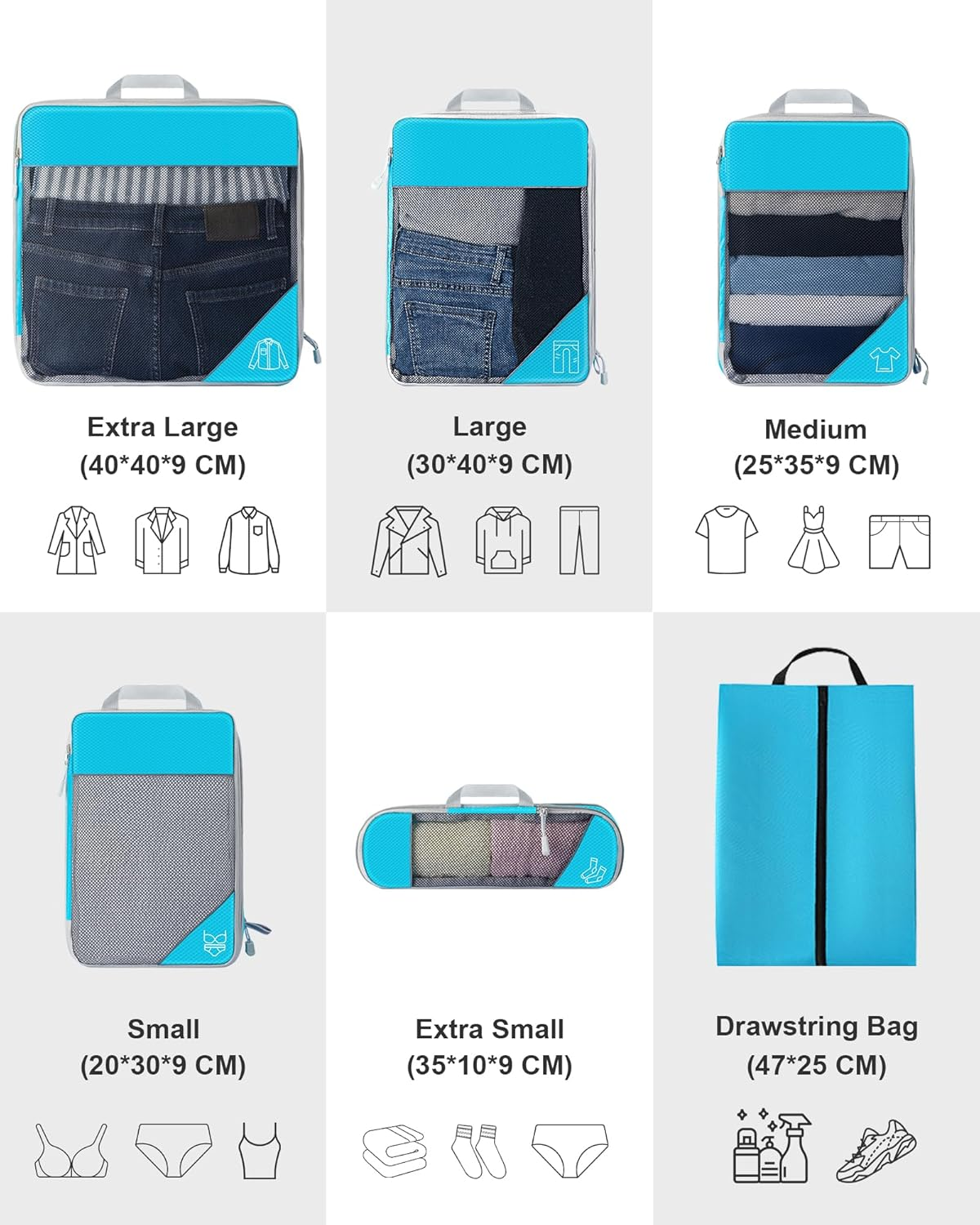 6 Set Ultralight Compression Packing Cubes, Travel Packing Cubes with Shoe Bag, Mesh Luggage Organisers Suitcase Accessories for Camp Travel Essentials Blue image number 4