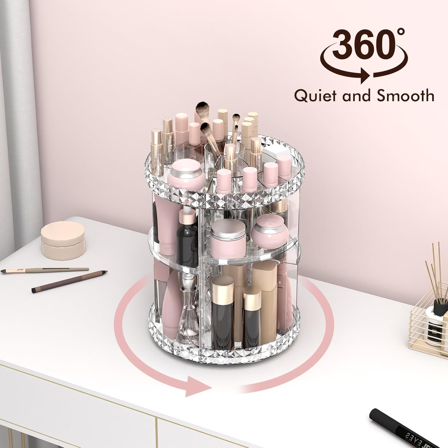 Rosoenvi Rotating Makeup Organizer, 360&deg; Spinning Skincare Organizers, Adjustable Layer Cosmetic Storage Lazy Susan Makeup Organizers for Dresser Bathroom, Medium