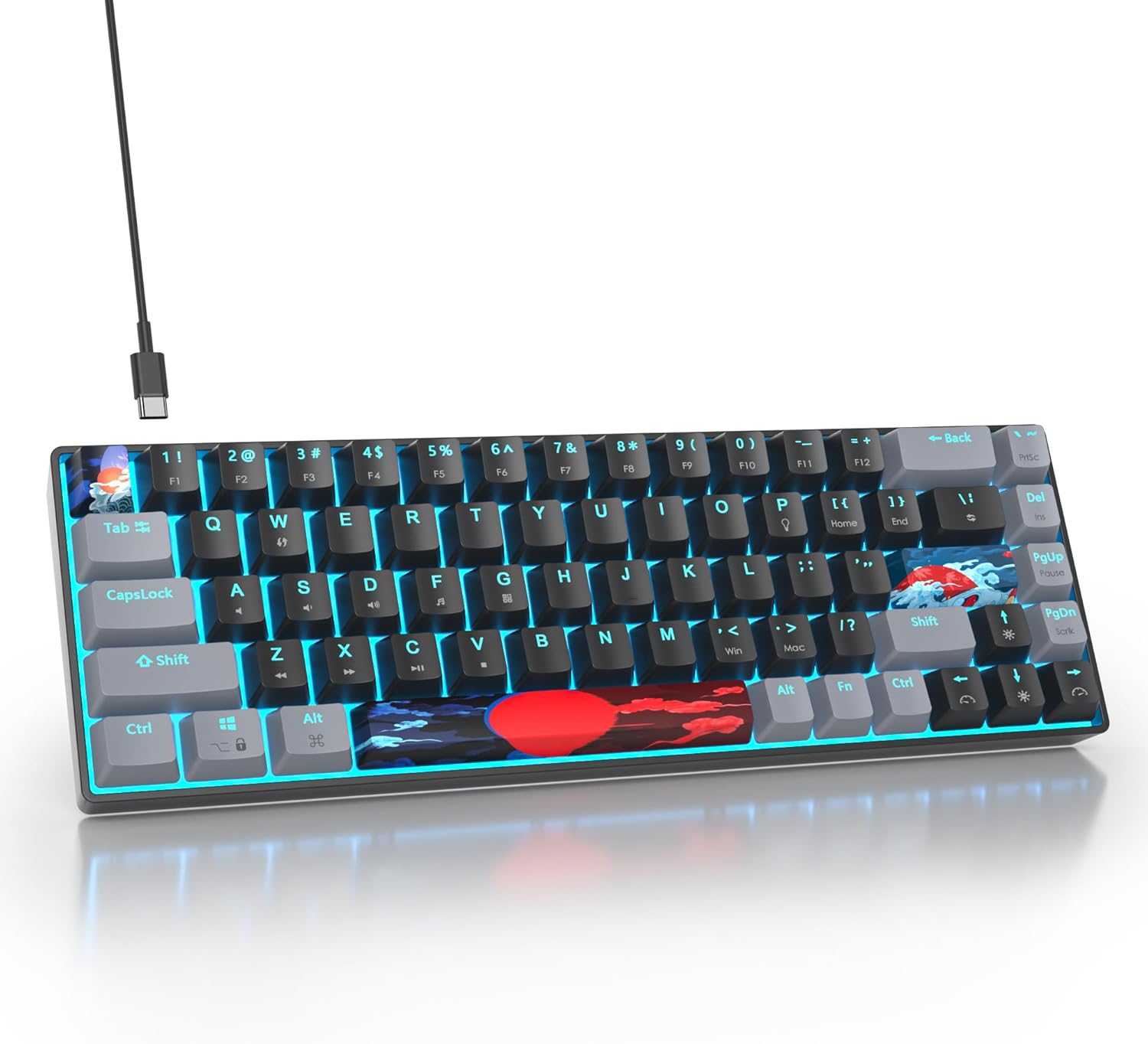 65% Mechanical Gaming Keyboard,Wired Compact 65 Percent Keyboard Ice Blue LED Backlit Red Switches PBT Keycaps for Win/Mac PC Gamers&Typists(Dolch)