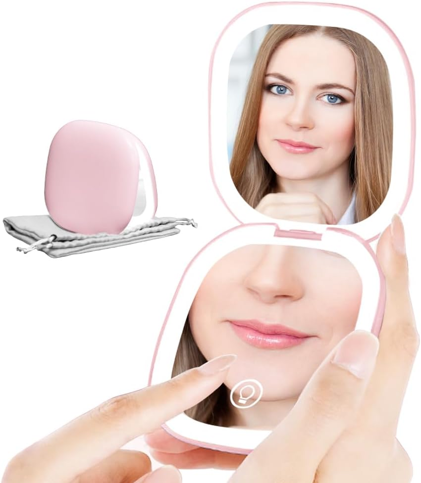 Compact LED Magnifying Travel Makeup Mirror 1X/10X Magnification Small Hand Pocket Mirror 3 Light Colors Dimmable Double Sided USB Rechargeable Touch Screen, Portable Cosmetic Mirror(Pink) image number 4