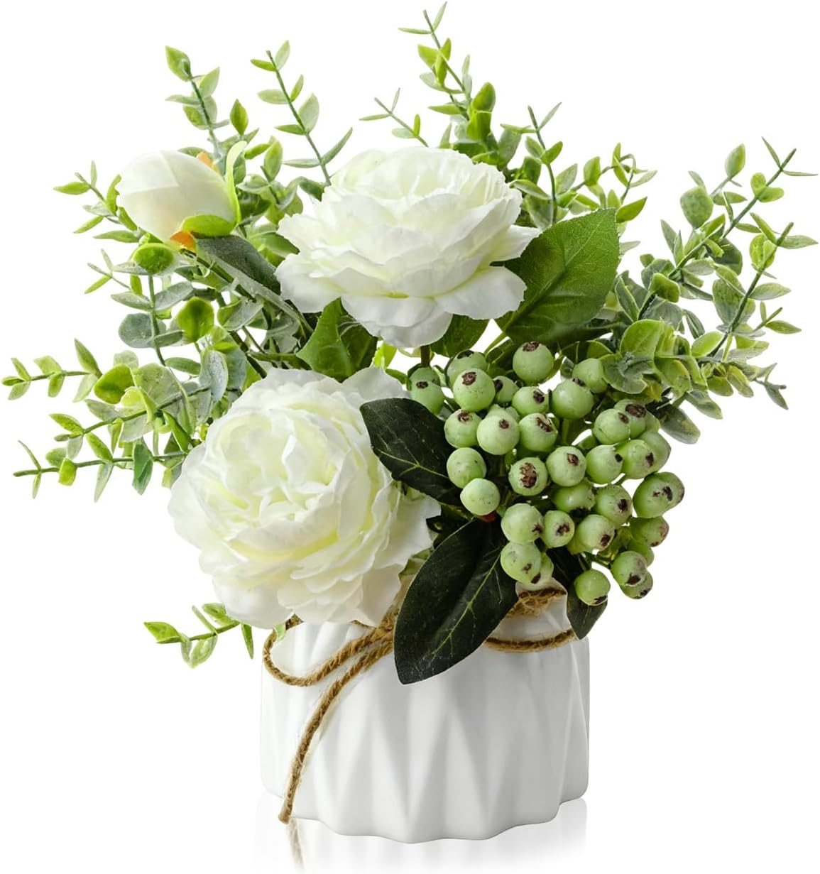 Artificial Eucalyptus Rose Berry Bouquet with Ceramic Vase, 20Cm, Plastic Flowers for Home, Living Room, Office Decor (Pinellia) image number 3