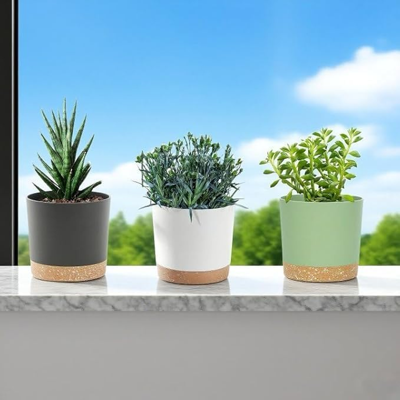 Plastic Flower Pots with Drainage Holes,Set of 3 Planters, Herb Pot with Saucer,Removable Base, round Plant Pot for Indoor and Balcony Succulent Cactus(Three Colors) image number 3