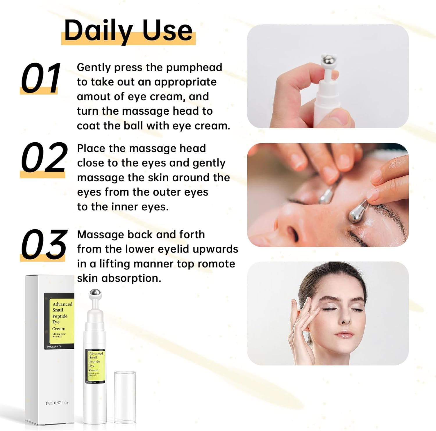 Snail Peptide Eye Cream for for Dark Circles, Puffiness and Fine Lines, Snail Mucin Eye Cream with Niacinamide, Hyaluronic Acid. (1 Pcs-17Ml) image number 3