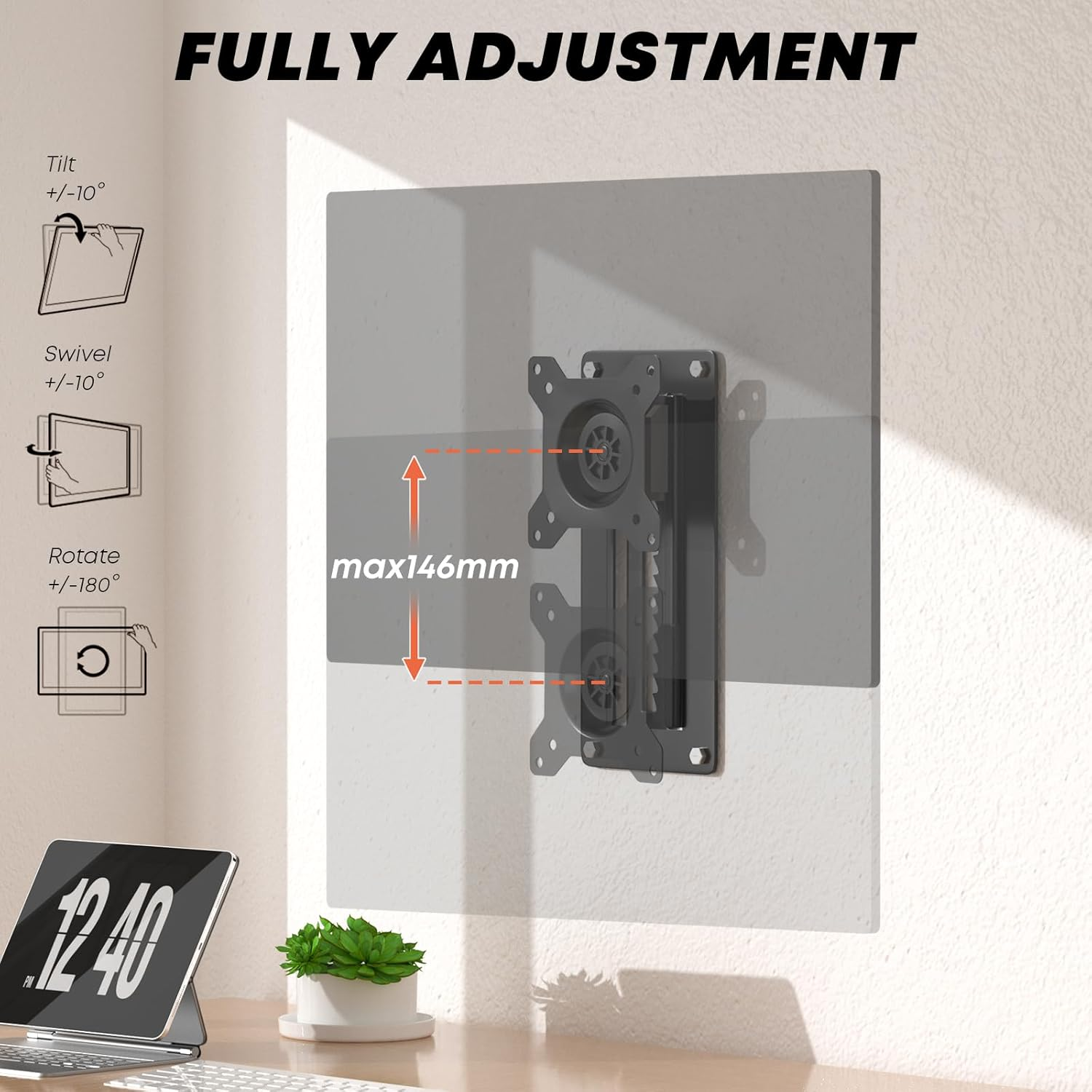 Height Adjustable Monitor Wall Mount Bracket for Most 13-35 Inch Screens,Full Motion&Ultra Slim Single Monitor Mount with VESA 75X75/100X100Mm up to 22Lbs,Black image number 5