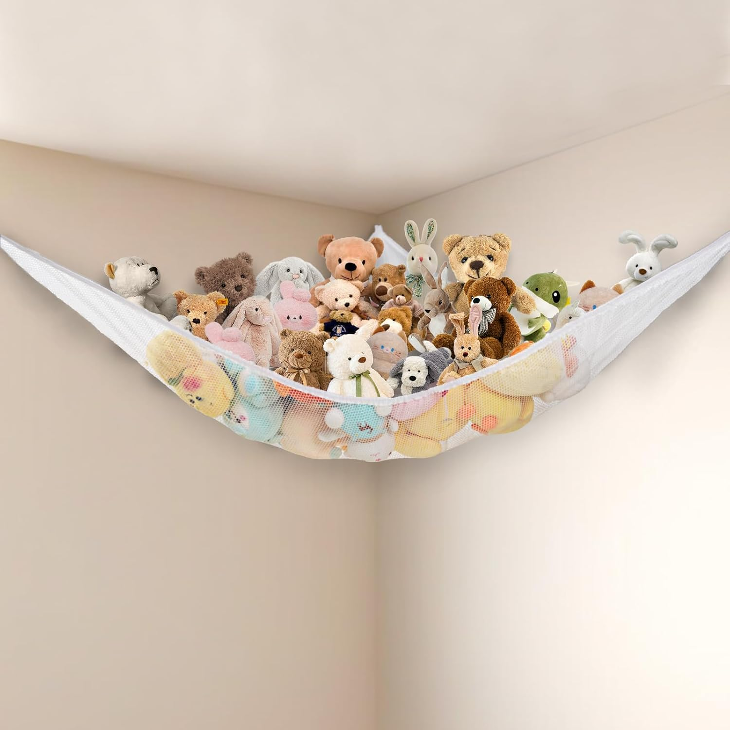 Stuffed Animal Storage Toy Hammock Soft Plush Toy Storage Large Corner Hanging Net Organiser Holder for Kids Bedroom Nursery Decor (White)