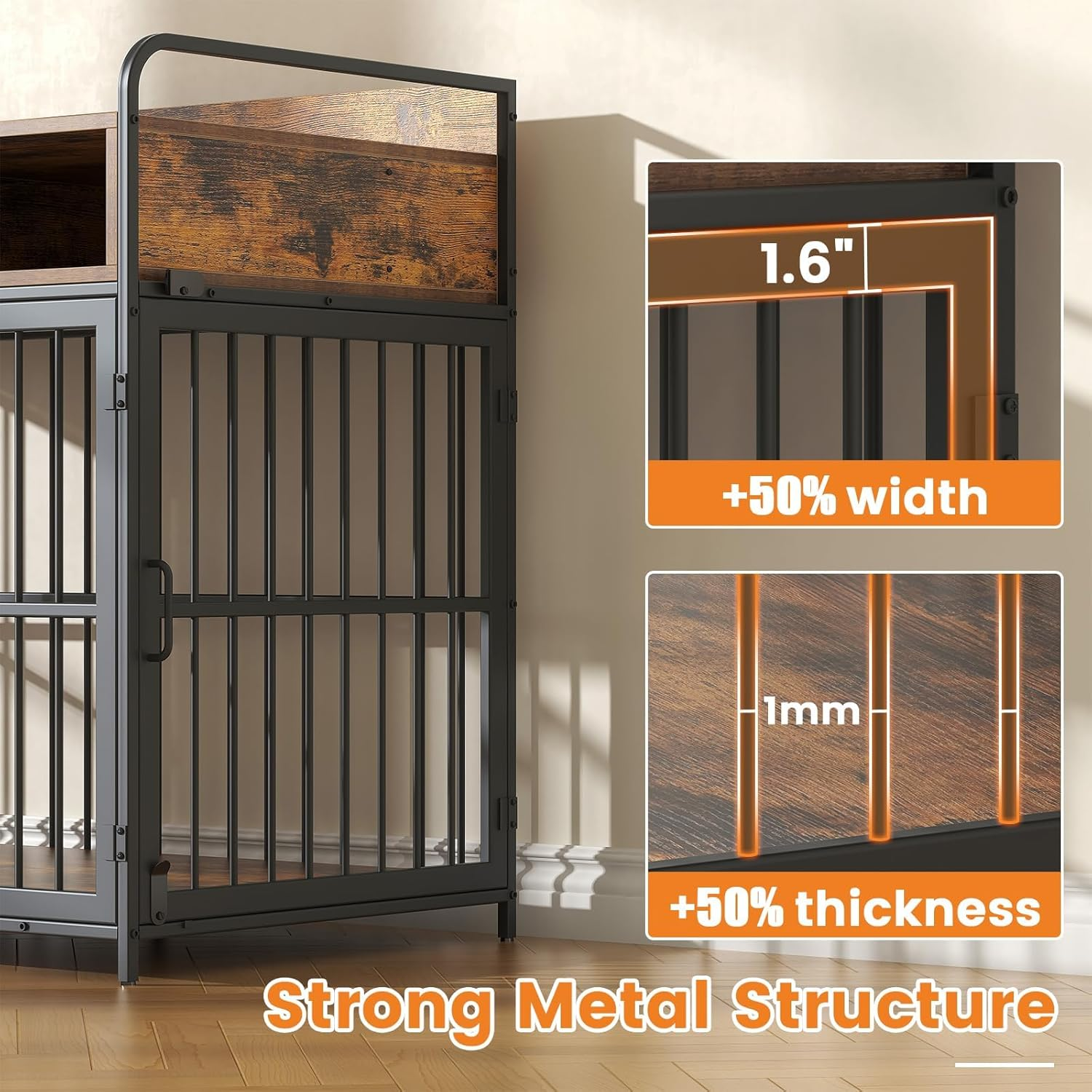 Koreal Dog Crate, 104Cm Width Dog Crate Furniture for Large Dogs, Heavy Duty Dog Kennel with 2 Drawers Storage, Wooden Dog Cage Indoor Dog House End Table for Dogs image number 2