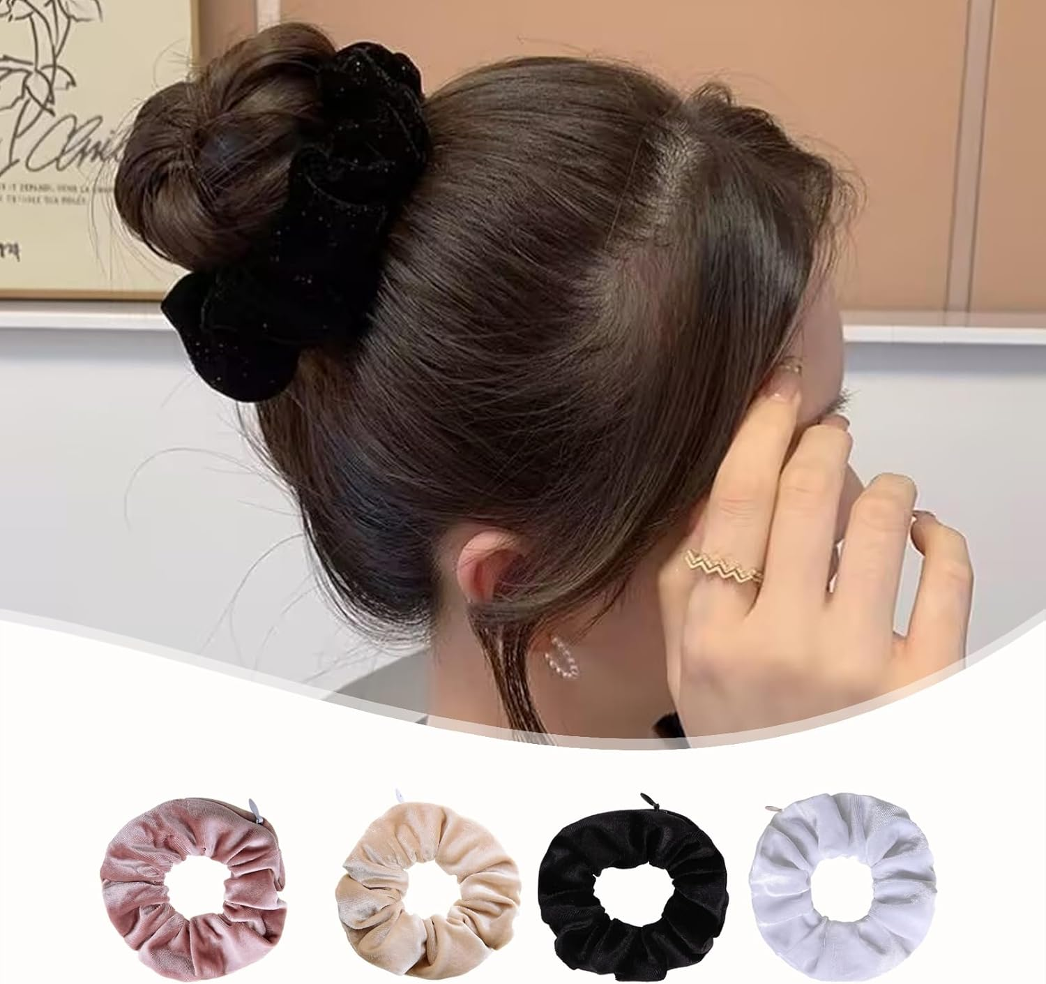Pack of 4 Hair Bobbles, Hair Scrunchies with Zip, Money Hiding, Travel Gadgets for Women, Can Store Valuables, Scrunchies Secret Compartment (Black, White, Rice Pink) image number 3