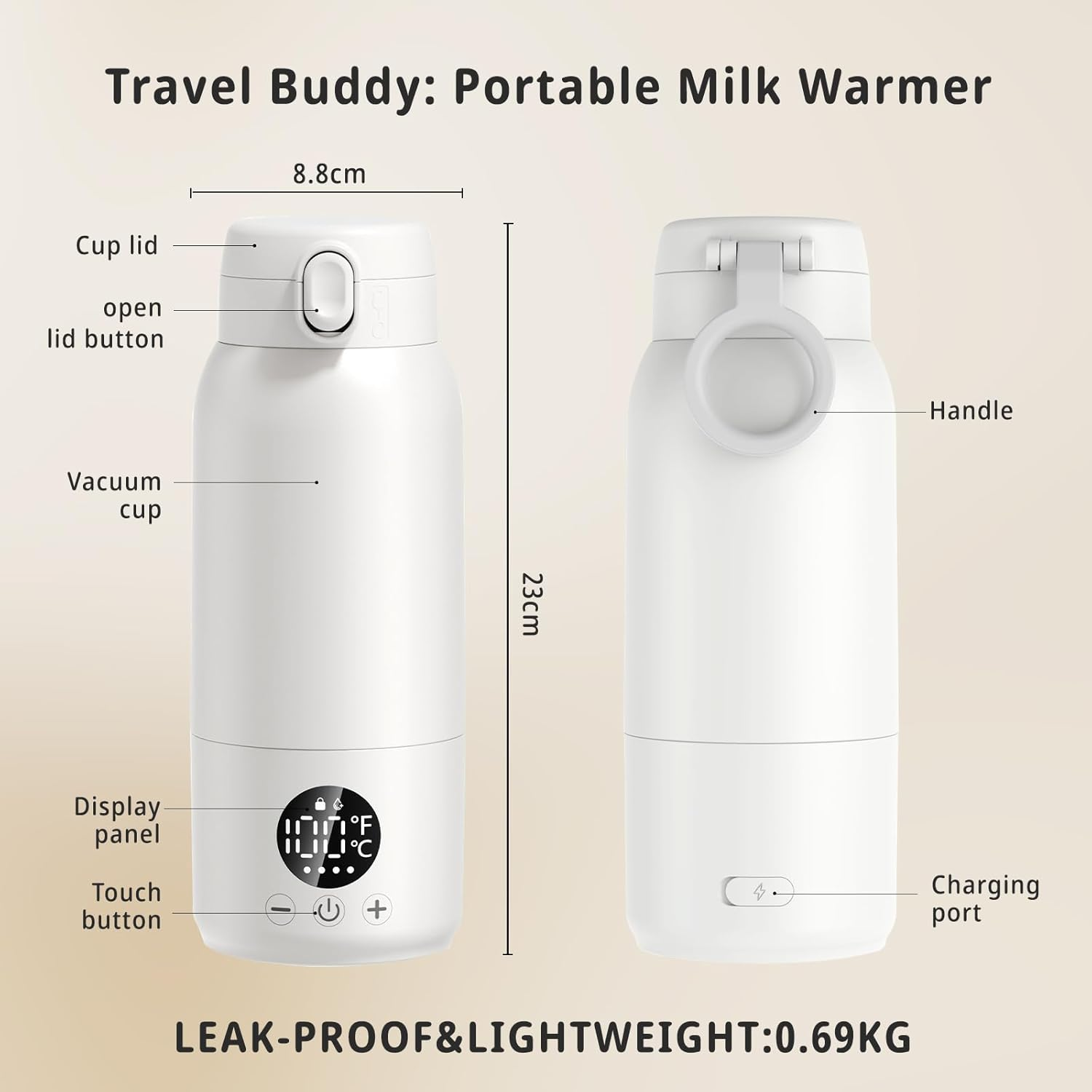 Portable Milk Warmer, 500Ml Large Capacity Dual Heating Modes for Breast Milk & Water, IPX6 and Fast Charging Battery, Baby Essentials Suitable for Travel Car image number 1