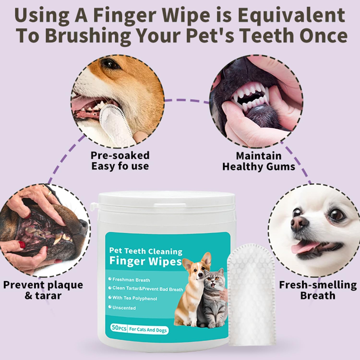 Pet Teeth Cleaning Wipes for Dogs & Cats, Remove Bad Breath by Removing Plaque and Tartar Buildup No-Rinse Dog Finger Toothbrush, Disposable Gentle Cleaning & Gum Care Pet Wipes, 50 Pcs image number 1