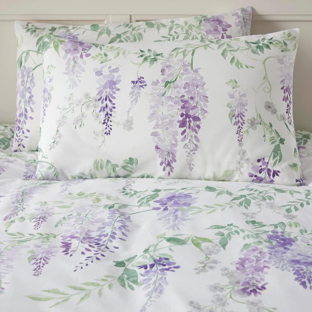 Dreams & Drapes - Purple Floral Wisteria Duvet Cover - King Bedding Size (230 X 220Cm) - Reversible Design (Purple Stripe) - Easy Care & Washable - Flower Duvet Cover in Lilac/Lavender Colour image number 3