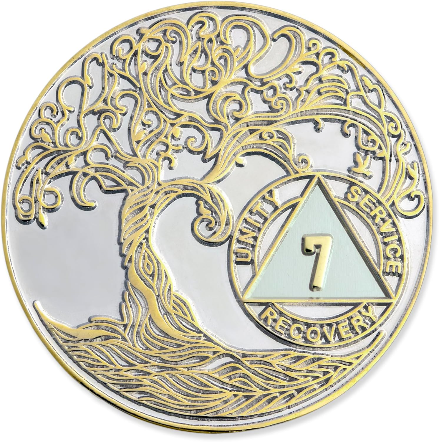 7 Year XL 40Mm Nickel & Gold Plated AA Coin - Sobriety Mint Twisted Tree of Life Recovery Medallion/Chip - Silver/Gold image number 1
