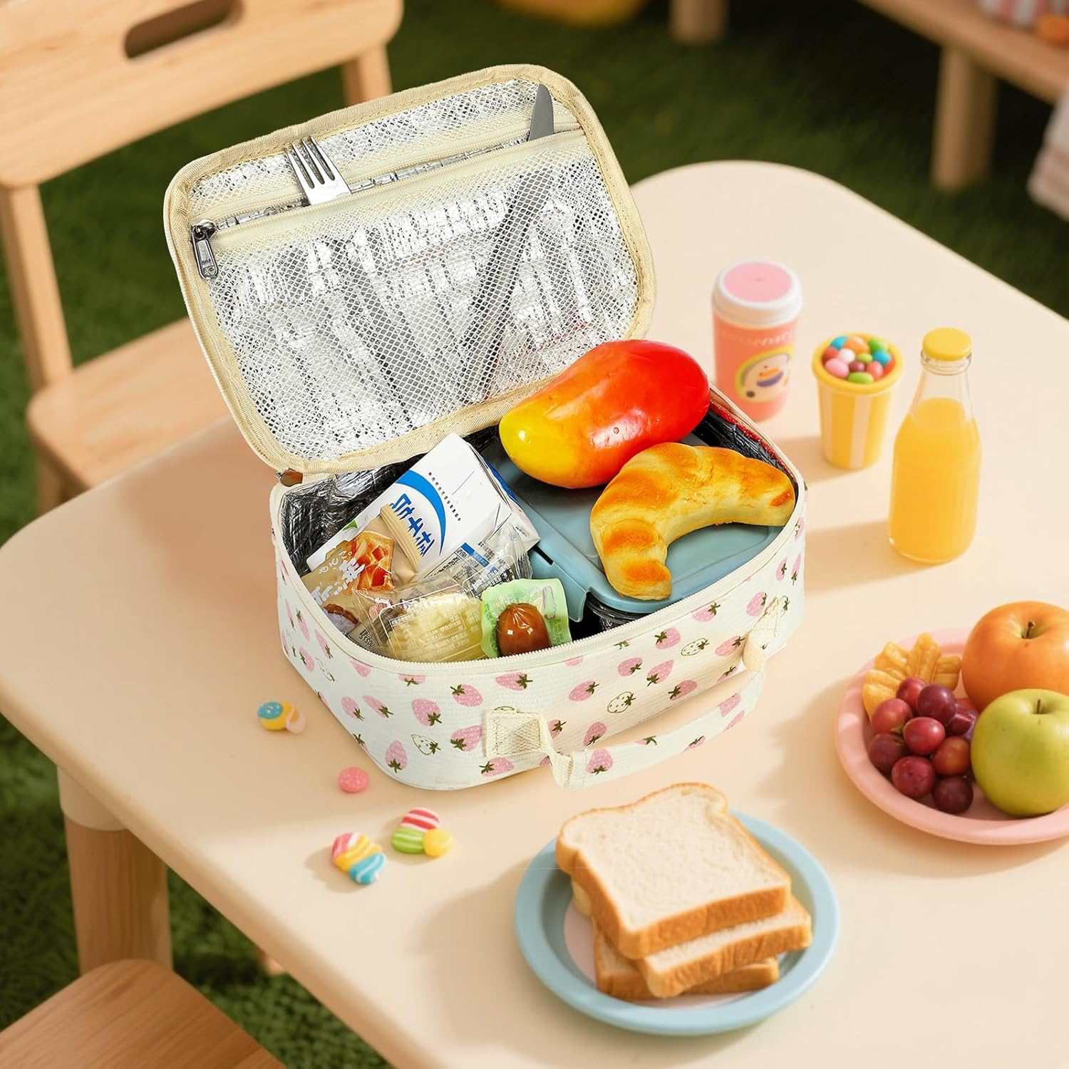 LEDAOU Children'S Lunch Bag Boys Girls 5L Lunch Bag Insulated Bag with Zip Thermal Bag Lunch Bag Cool Bag for School Hiking Work (Small White Strawberries) - Corduroy Flower Beige image number 7