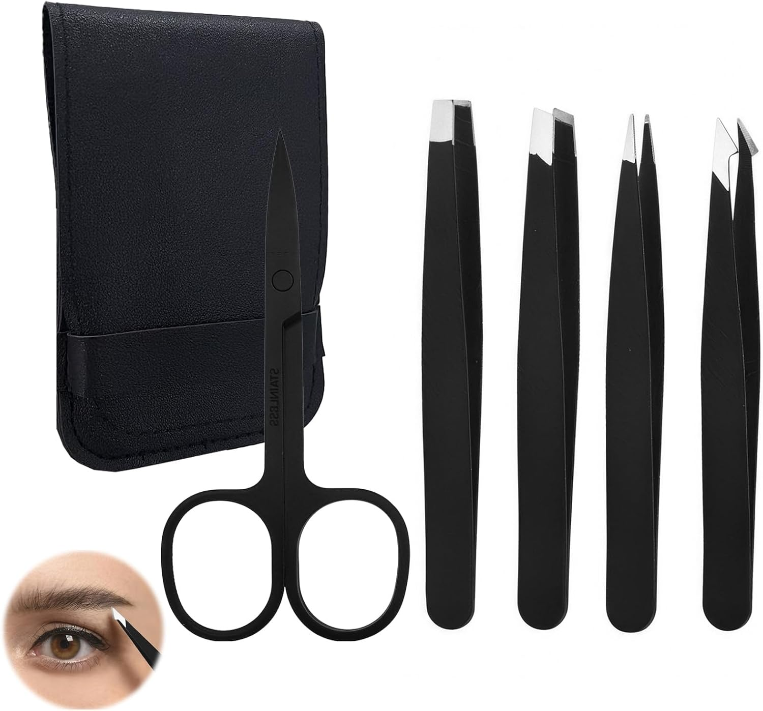 5-Piece Eyebrow Grooming Kit for Women and Men, Stainless Steel Eyebrow Scissors and Tweezers Set with PU Storage Bag - Professional Quality Eyebrow Trimming Tools for Flawless Brows