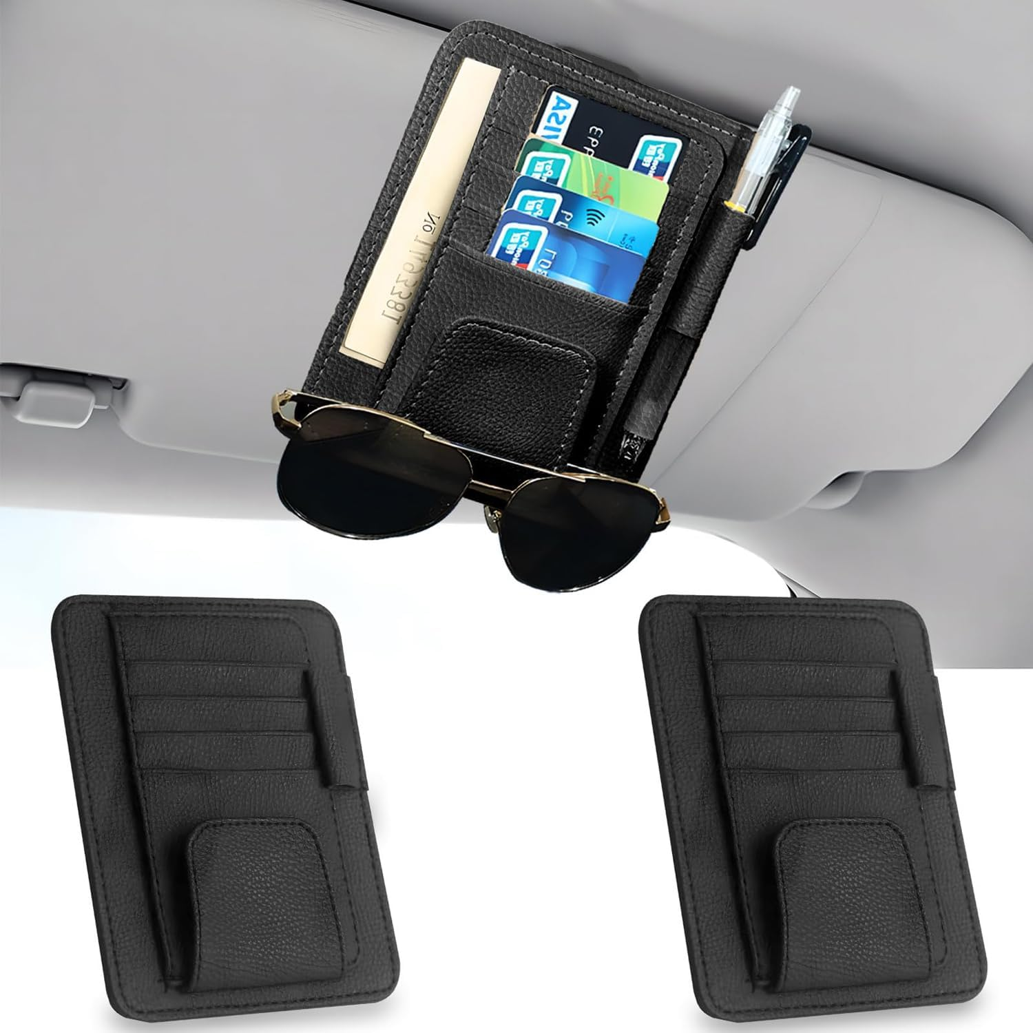2 Pcs Car Sun Visor Organizer Premium Leather Sunglasses Holder Multi Functional Car Interior Accessories Storage Bag Visor Pouch for Cars Trucks Card Document Holder Driving License (Black) image number 6