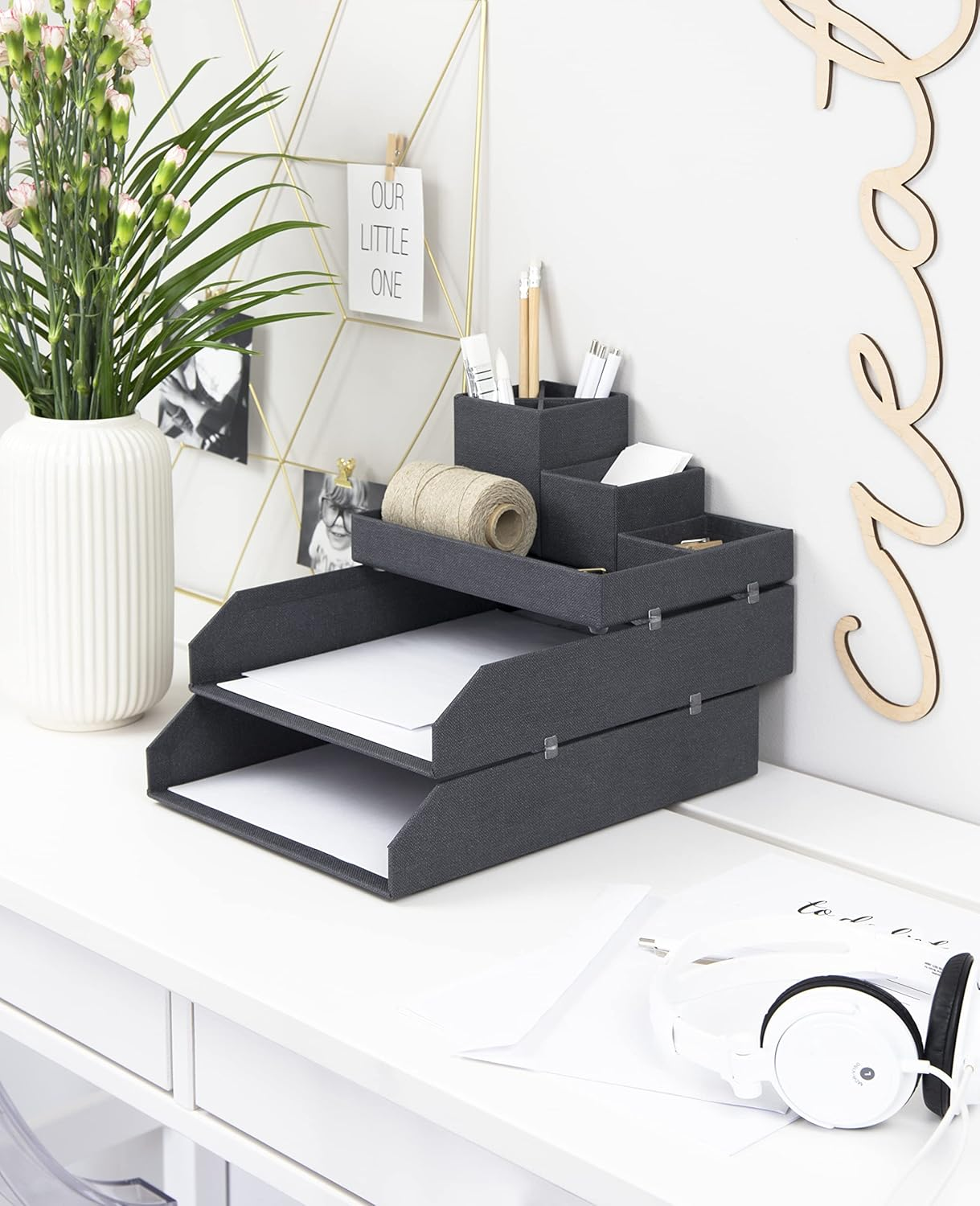 Bigso Box of Sweden Set of 2 Letter Tray Boxes for the Office - Stackable Desk Storage Box for Papers, Documents Etc - Two-Tier Fibreboard Filing and Storage Box System - Black - Blue image number 5