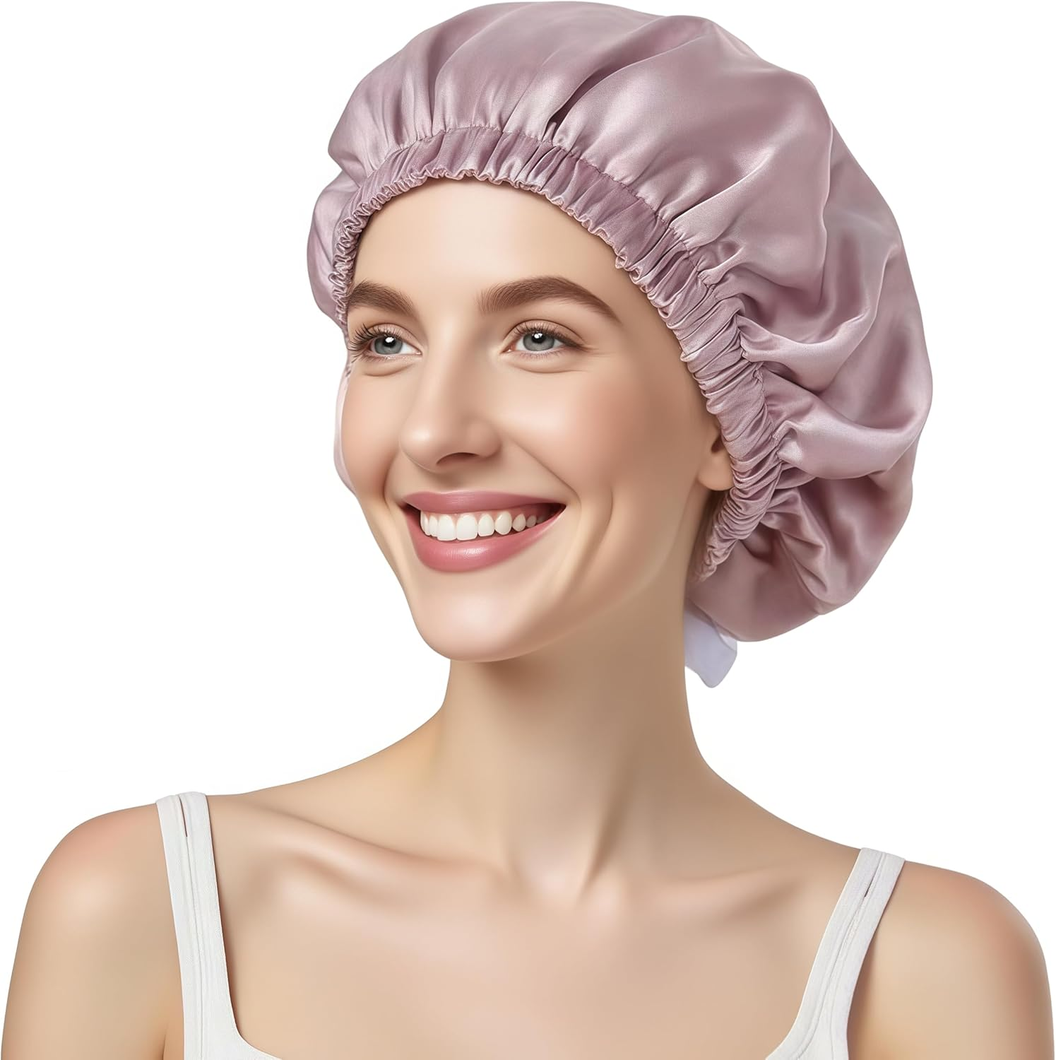 100% Mulberry Silk Bonnet for Sleeping, Double Layered 22 Momme Silk Hair Wrap with Adjustable Elastic Band, Soft & Breathable Pure Silky Hair Bonnet Reduce Frizz (Bean Paste)