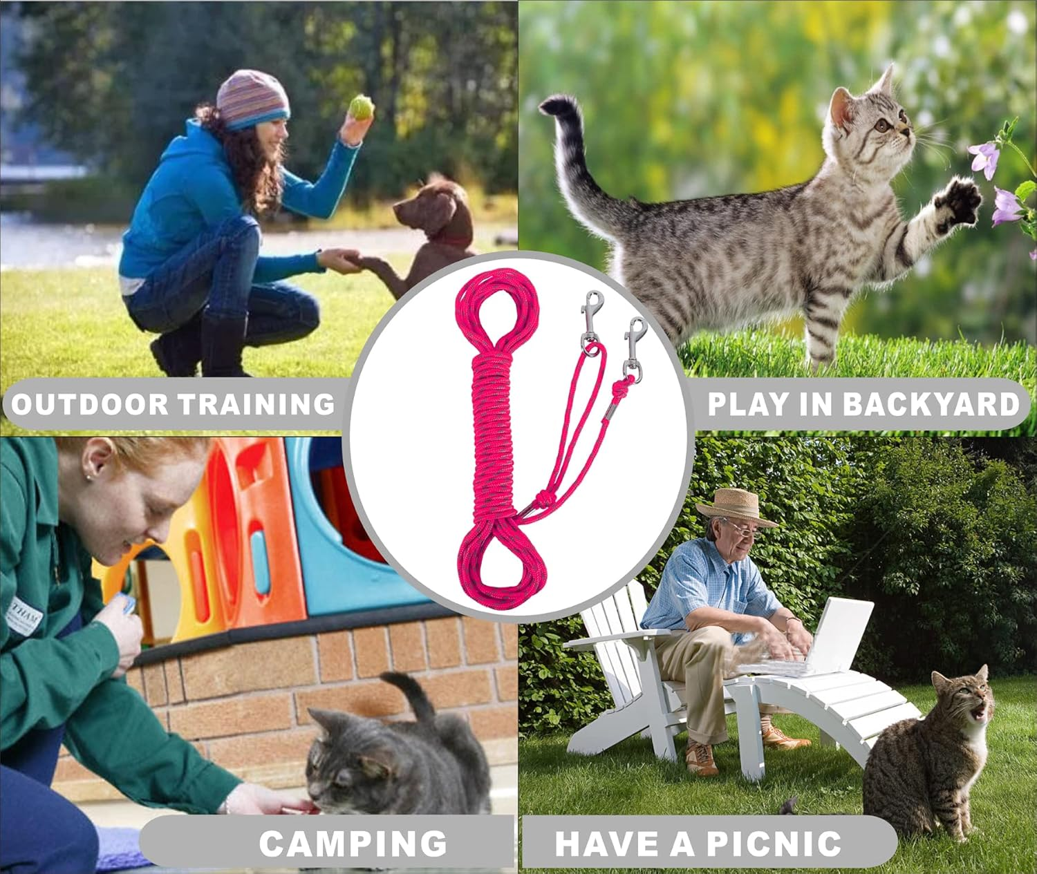 Reflective Cat Leash -30FT Cat Cable Out Leash Escape Proof Walking Leads Yard Long Leash Durable Safe Leash Traning Play Outdoor for Puppies/Kittens/Small Animals(Hotpink)