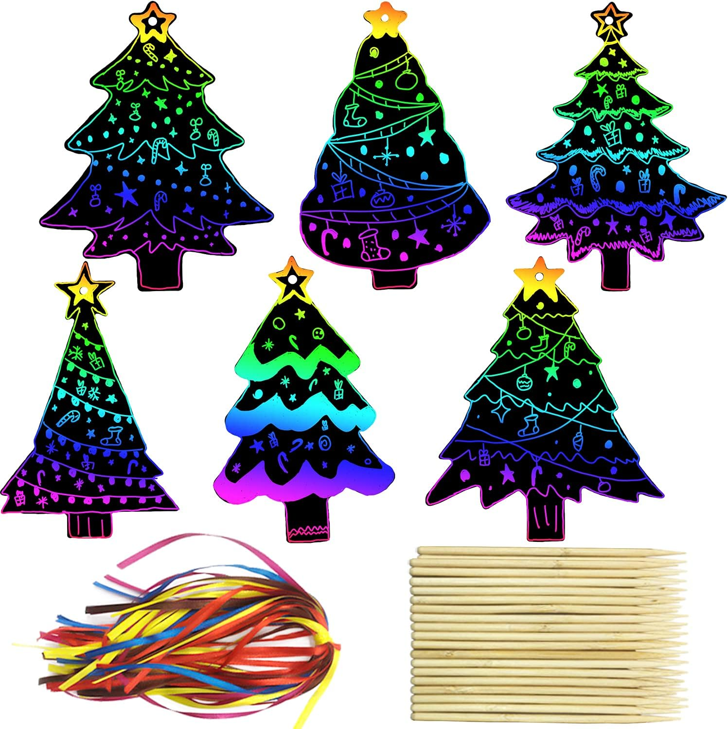 96Pcs Christmas Tree Scratch Art Kit - Rainbow Color Scratch Ornaments - Hanging Craft Art Kits with Wooden Stick and Ribbon - for Kids Christmas Winter Party Favors