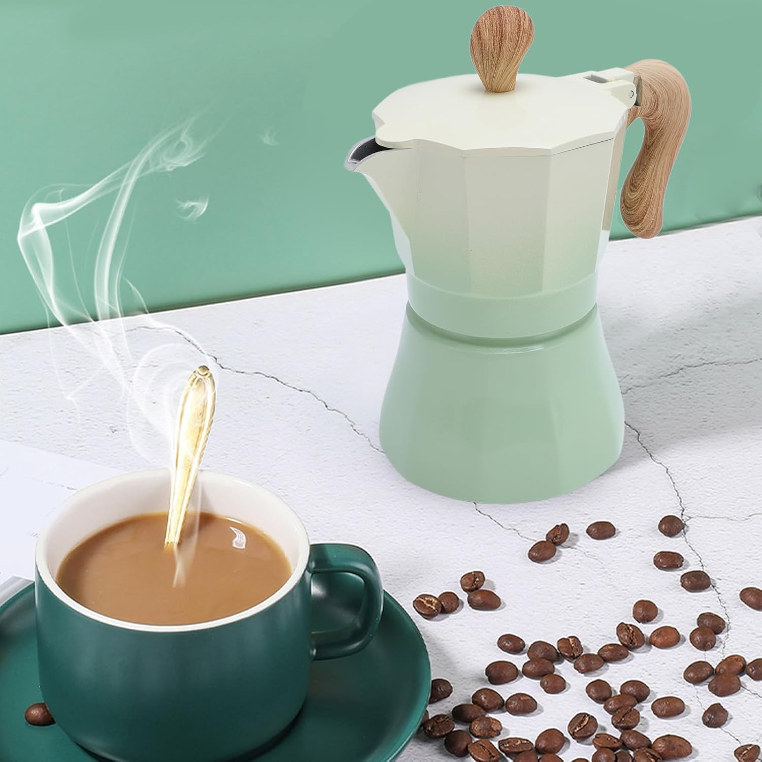 Stovetop Espresso and Coffee Maker, 150ML Household Stovetop Espresso Maker and Percolator, Single Valve Aluminum Moka Pot Coffee Machine for Lovers Beginners (Gradient Green)