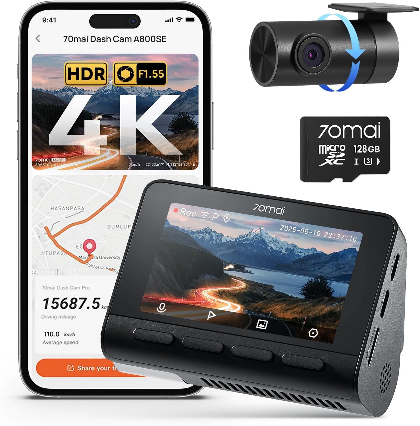 70Mai A800SE Dash Cam Car Front Rear 4K UHD+1080P with GPS Wifi, Dual Car Camera with 128GB SD Card, F1.55 Aperture HDR, Night Vision, ADAS, 3 "IPS, 24/7 Parking Monitoring, Supports 512 GB Max image number 4