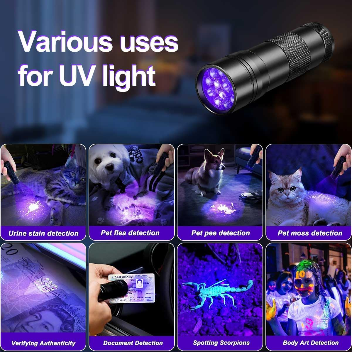 U&zwnj;V Torch,T Tersely 12 LED 395Nm UV Blacklight Flashlight,Pet Urine Detector for Dog/Cat, Dry Stains, Bed Bug, Invisible Ink, AAA Batteries Included&zwnj; image number 4