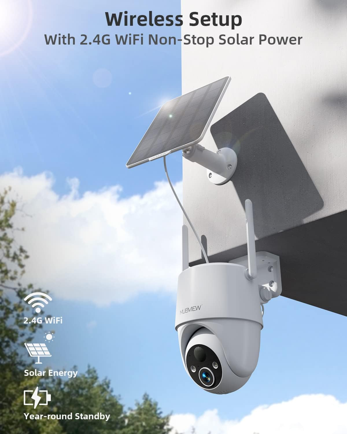 MUBVIEW 2K Solar Security Cameras Wireless Outdoor, 360&deg; PTZ Battery Powered Outdoor Camera, 2.4Ghz Wifi Home Security Camera, Color Night Vision, Motion Detection, 2-Way Audio, 2-Pack - 1-Pack image number 5