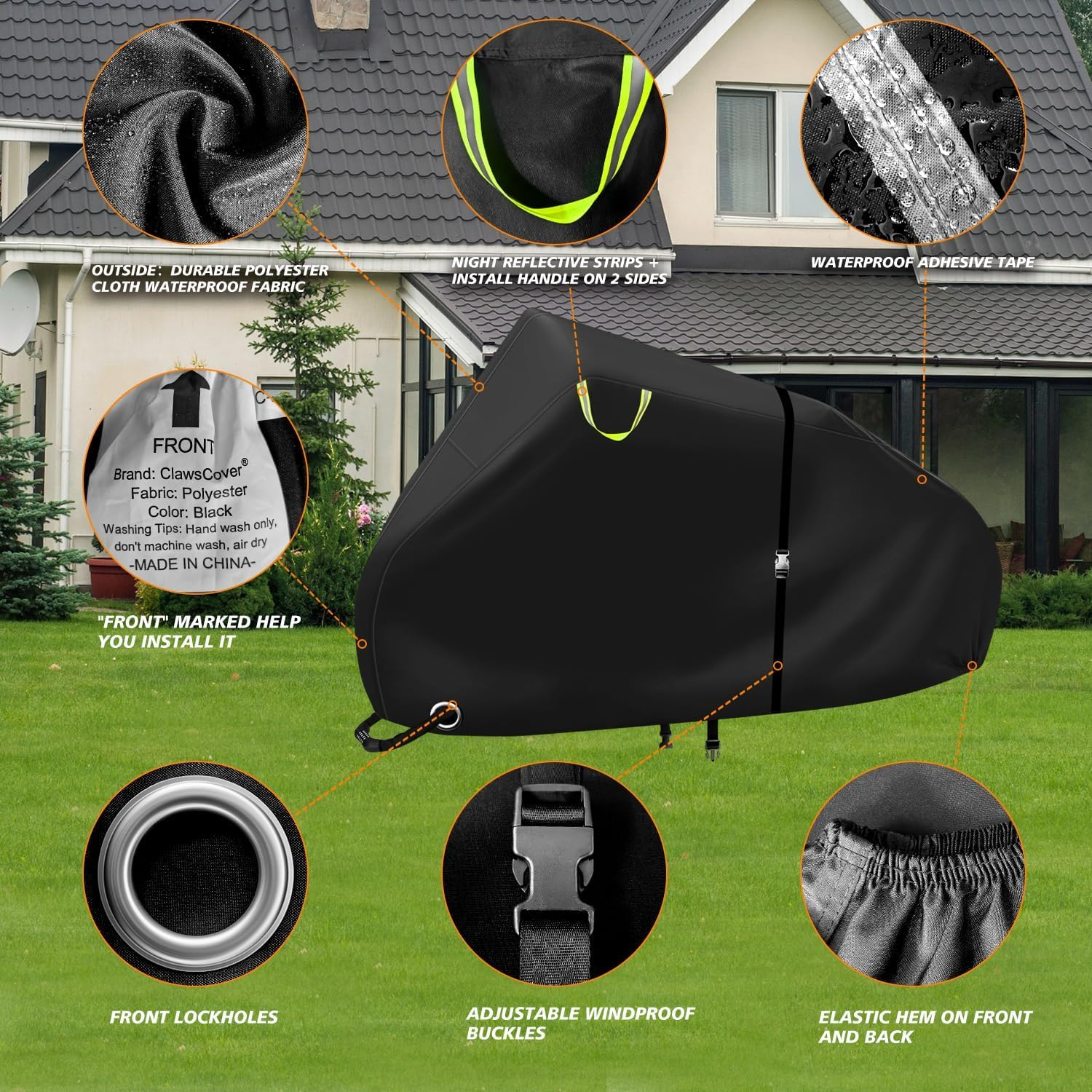 Clawscover Bike Covers Outdoor Storage Waterproof for 2 Bikes,Heavy Duty 600D Polyester,Durable Anti-Uv,Weatherproof Ebike Bicycle Electric Bike Cover, Buckles Straps,Reflective Handle,82''X36 X43.3