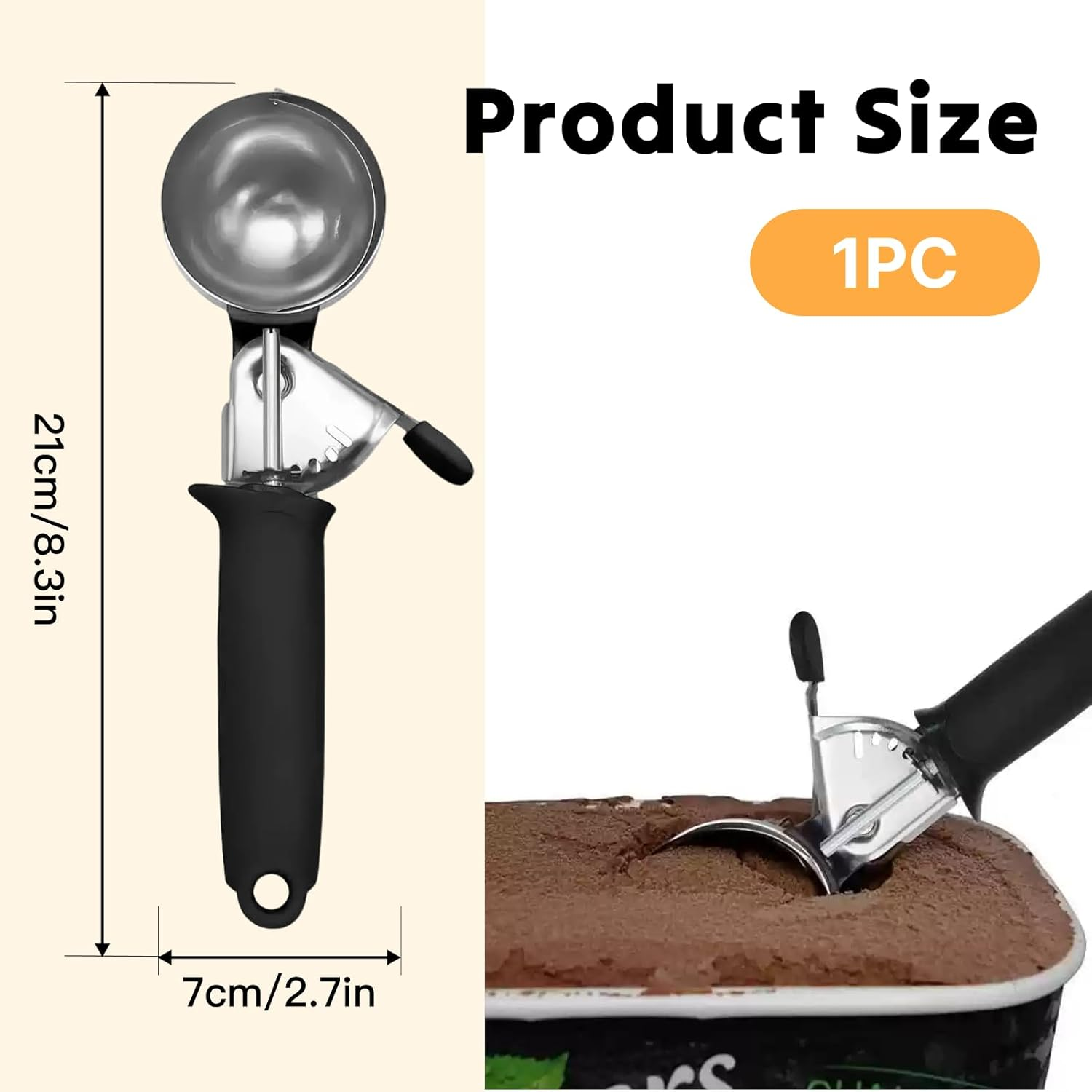 Ice Cream Scoop Premium Trigger Stainless Steel Ice Cream Scoop with Black Non-Slip Handle, Effortless Ice Cream Serving Tool for Gelato, Sorbet, and More, Ergonomic Design for Comfortable Scooping