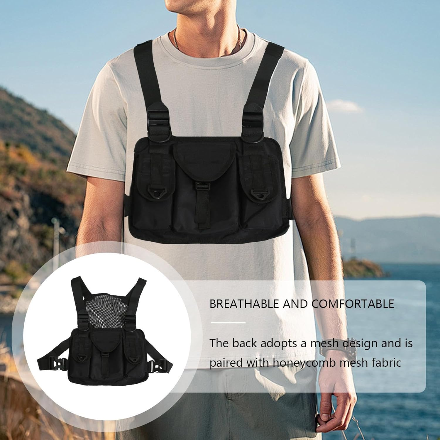 Chest Pack - Running Bag with Adjustable Shoulder Straps | Multiple Pocket Storage Organiser for Fishing, Training, Hiking, Cycling, Lightweight Waterproof Chest Rig for Men Women Outdoor image number 3