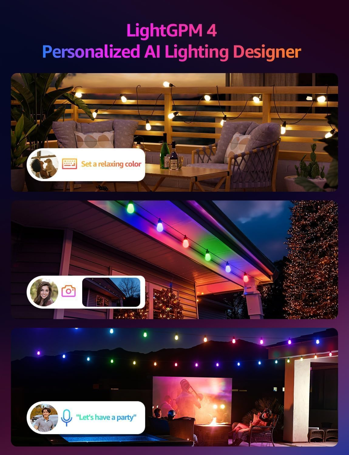 Lepro ZB1 AI Christmas Outdoor String Lights 15M, Smart Festoon Lights Outdoor Waterproof IP65, Warm White & RGB Colour Changing, Personalized AI Lighting Designer, Compatible with Alexa, 2.4G Wifi