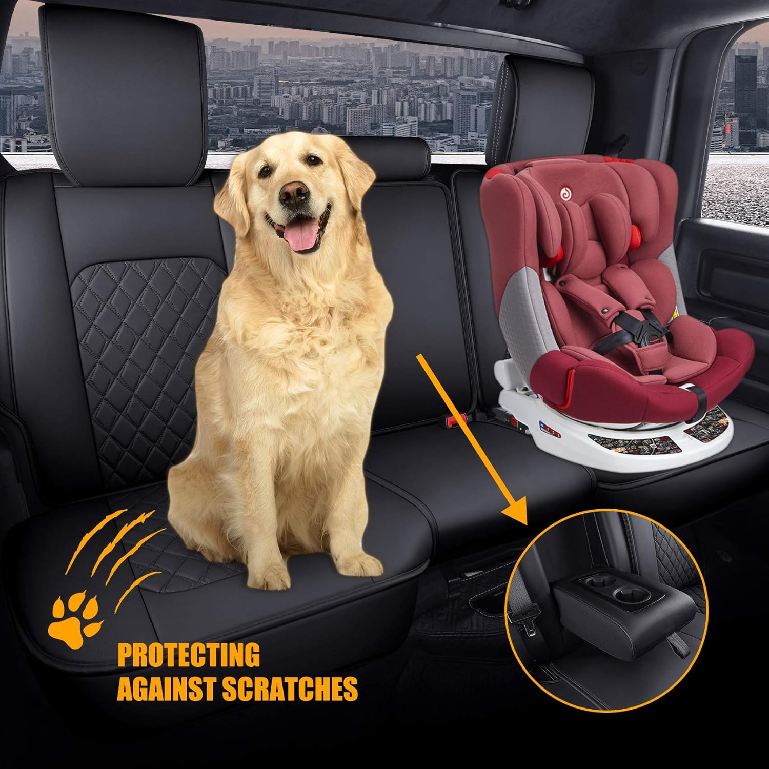 Aierxuan Dodge Ram Back Seat Covers Waterproof Leather Custom Fit 2009-2026 1500, 2010-2026 2500/3500 Crew Quad Regular Cab Pickup Cushions Compatible with Split Bench 40/60(Rear Seat/Black) - 2 Pcs Front/Grey image number 5