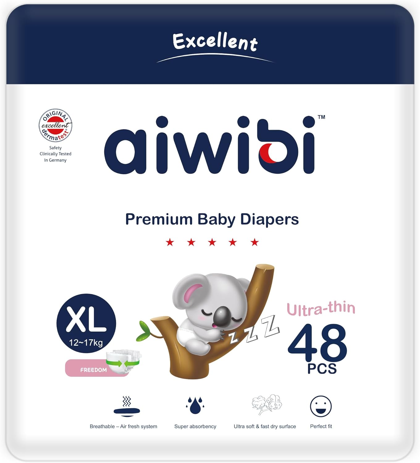 AIWIBI Nappies Size 5 (12-17Kg), 48 Count, Series Light Feather Premium Nappy, Ultra-Soft and Absorption, Hypoallergenic and Leak-Proof