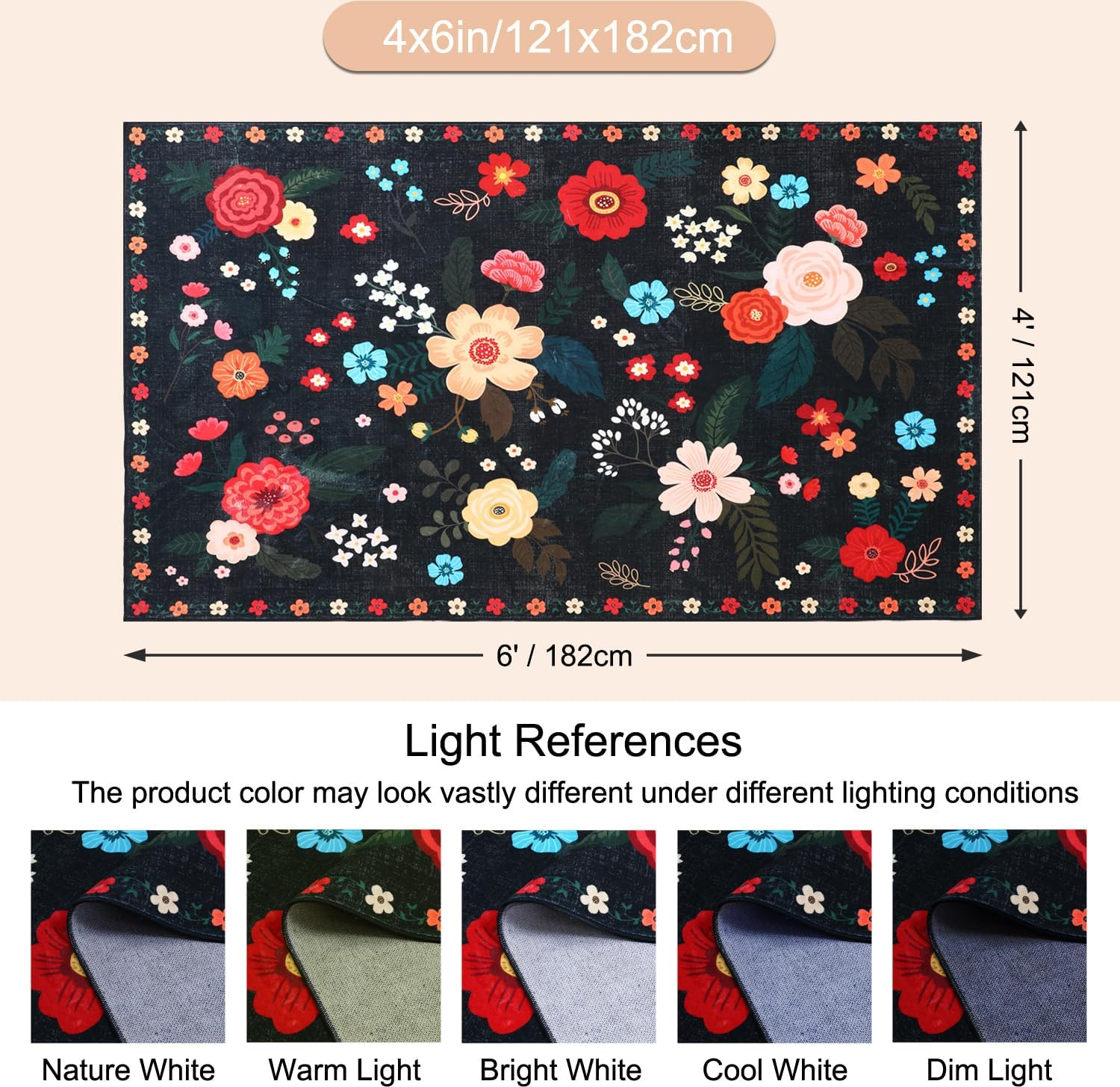 MOSISO 4X6 Area Rug for Living Room, Washable, Non Slip Multicolored Flower, Low Pile Carpet, Faux Wool Rectangular Area Rug Carpet for Living Bedroom Dining Room Home, Black image number 3