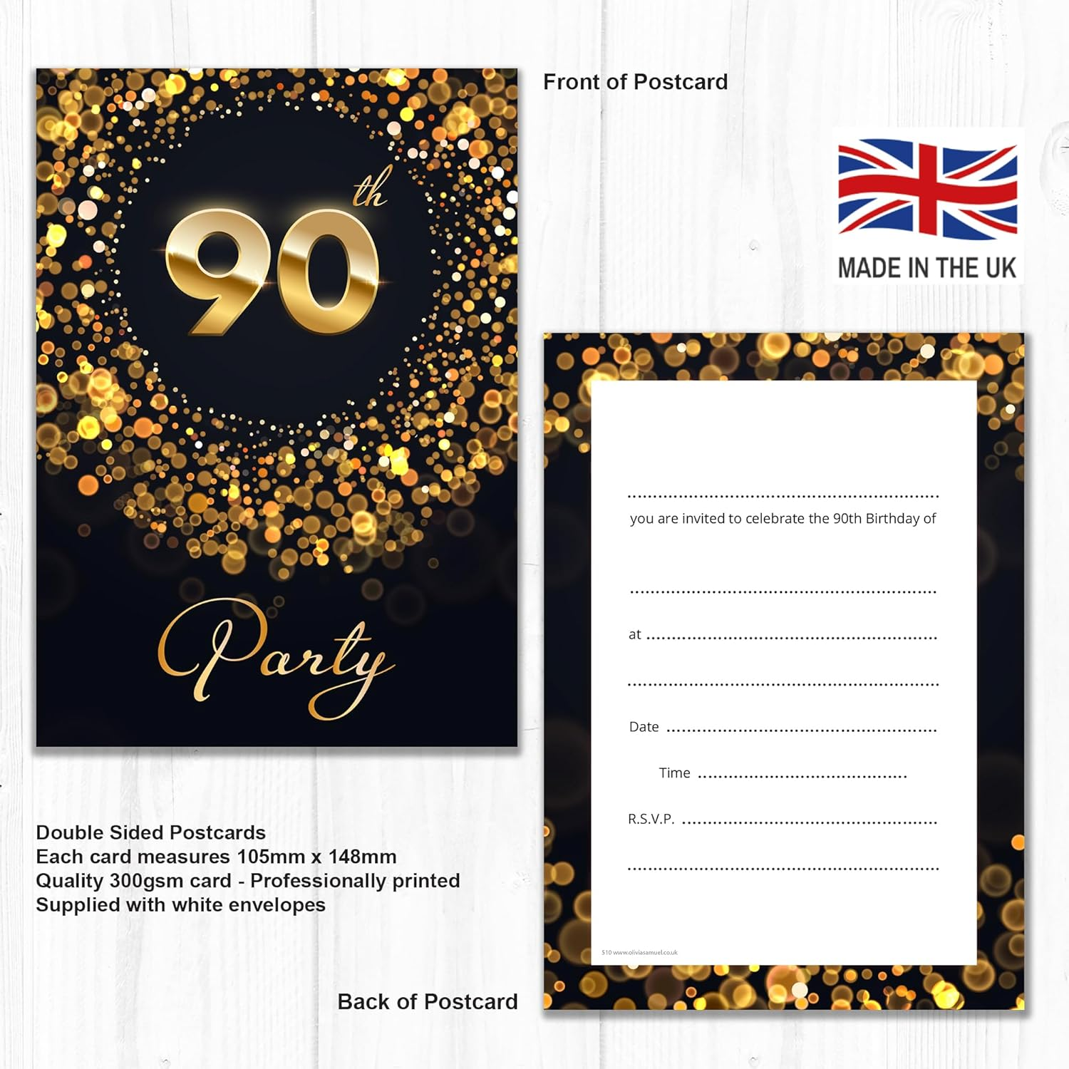 Olivia Samuel 20 X 90Th Birthday Party Invitations with Envelopes - Ready to Write - Black and Gold Effect - Designed and Printed in the UK image number 1