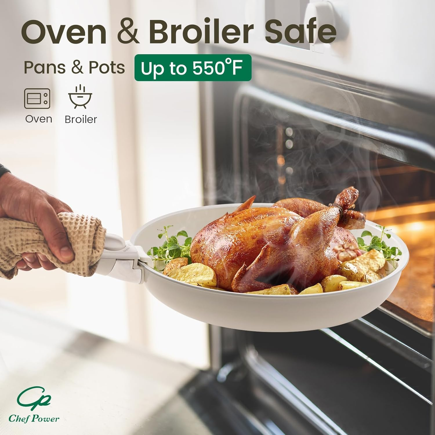 Chef Power Ceramic Nonstick Cookware Set 19 Piece with Detachable Handle, Induction Dishwasher Oven Safe Pans and Pots Set, RV Kicthen Set Removable Handle, Cream White image number 3