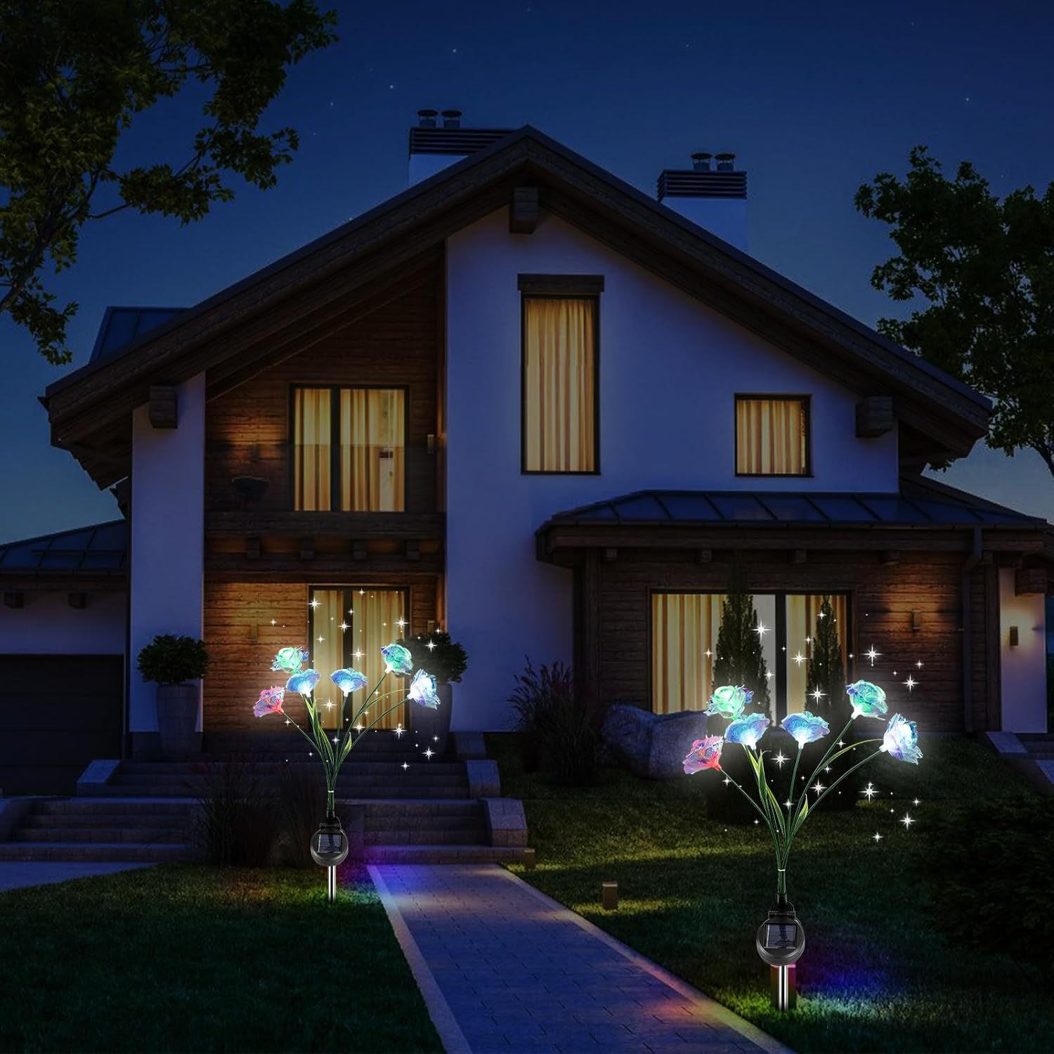 Pack of 2 LED Solar Lights Flower, Rose Petal Solar Garden Lights for Outdoor Garden, IP65 Waterproof Swinging Solar Garden Lights for Yard, Patio, Walkway Decoration image number 1