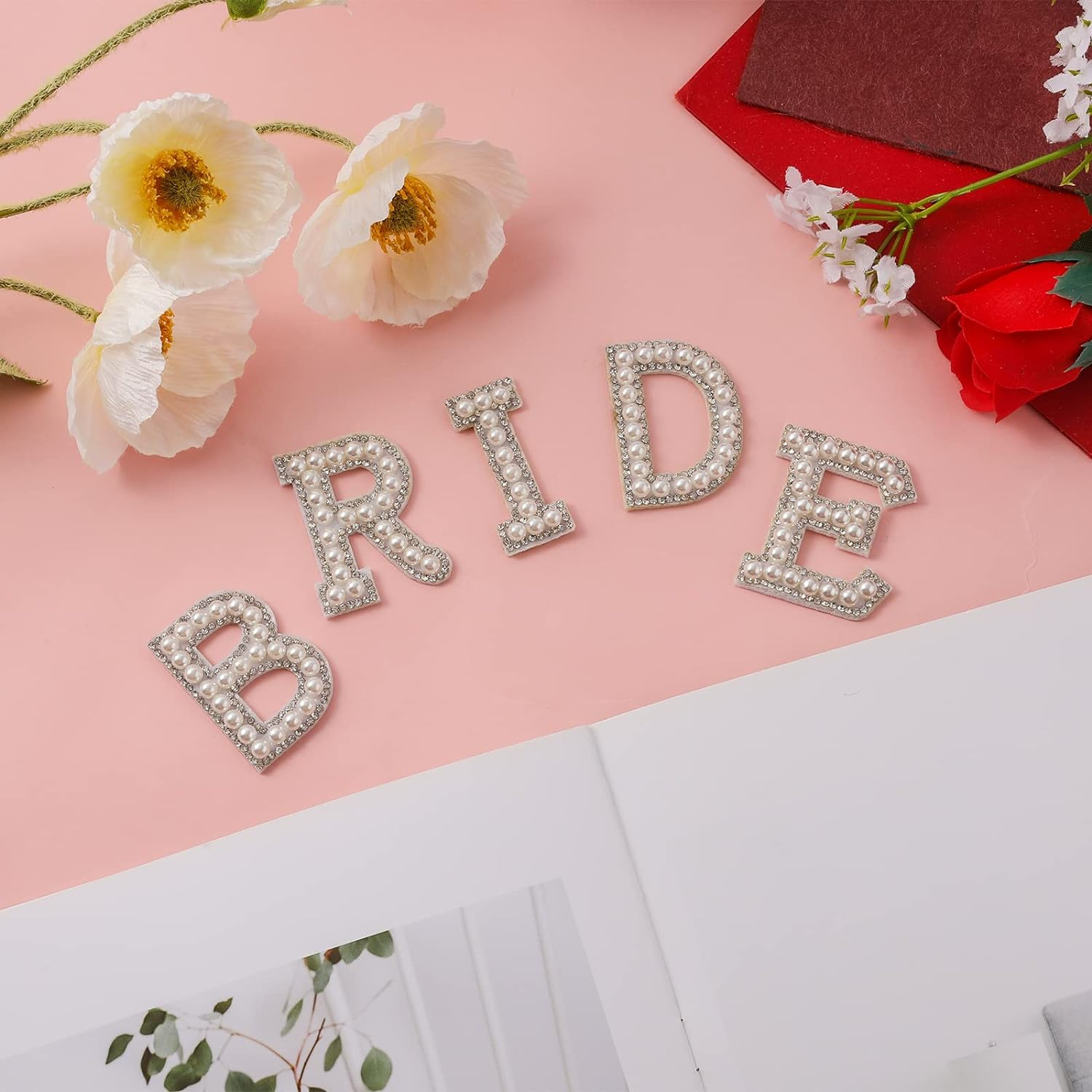 KINBOM 15 Pieces Letter Patches Pearls, Appliques Bridal Pearls Rhinestones Shiny Adhesive Letter Patches for Clothes Hats Shoes DIY Craft Supplies image number 4
