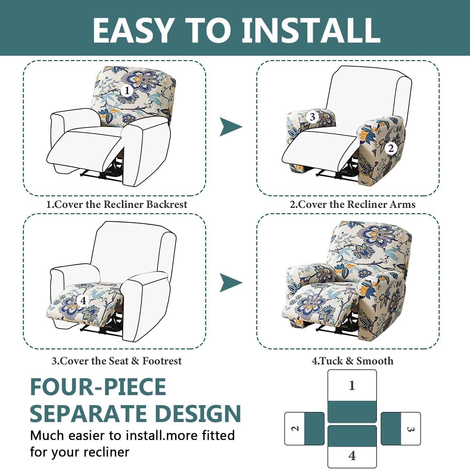 Stretch Recliner Cover 4 Pieces Printed Lazy Boy Chair Covers Recliner Sofa Slipcover Anti-Slip Fitted Furniture Protector with Elastic Bottom (Color : #25) image number 4