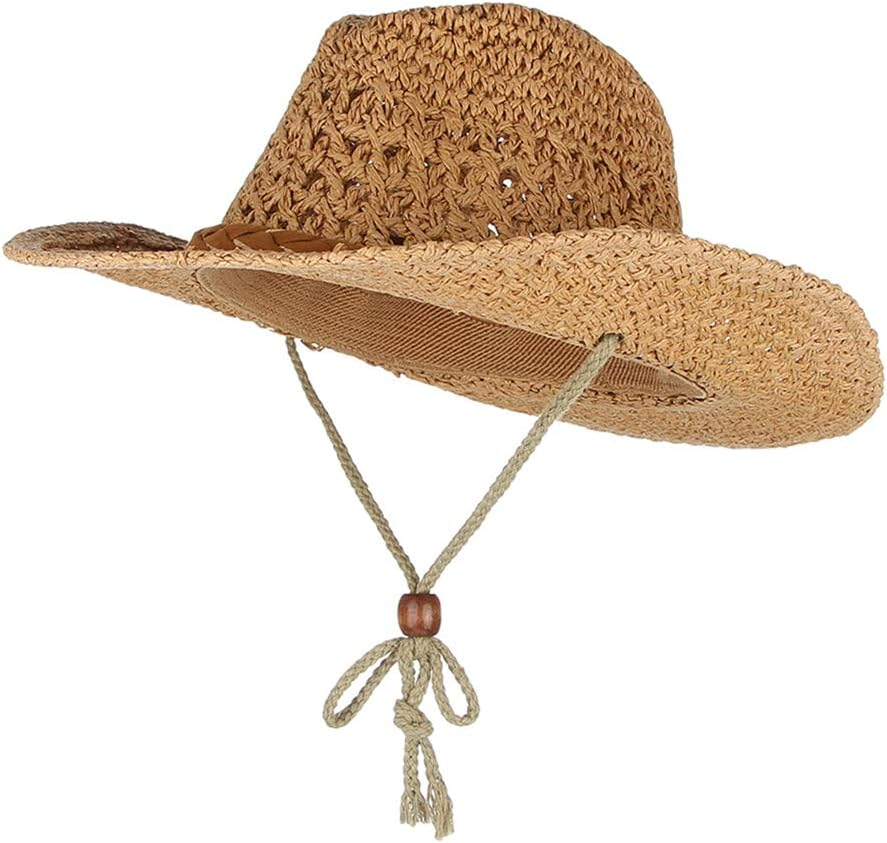 F Fityle Unisex Mens Womens Boys Girls Sun Hat Wide Brim Woven Western Straw Cowboy Hat - Khaki, Adult image number 5