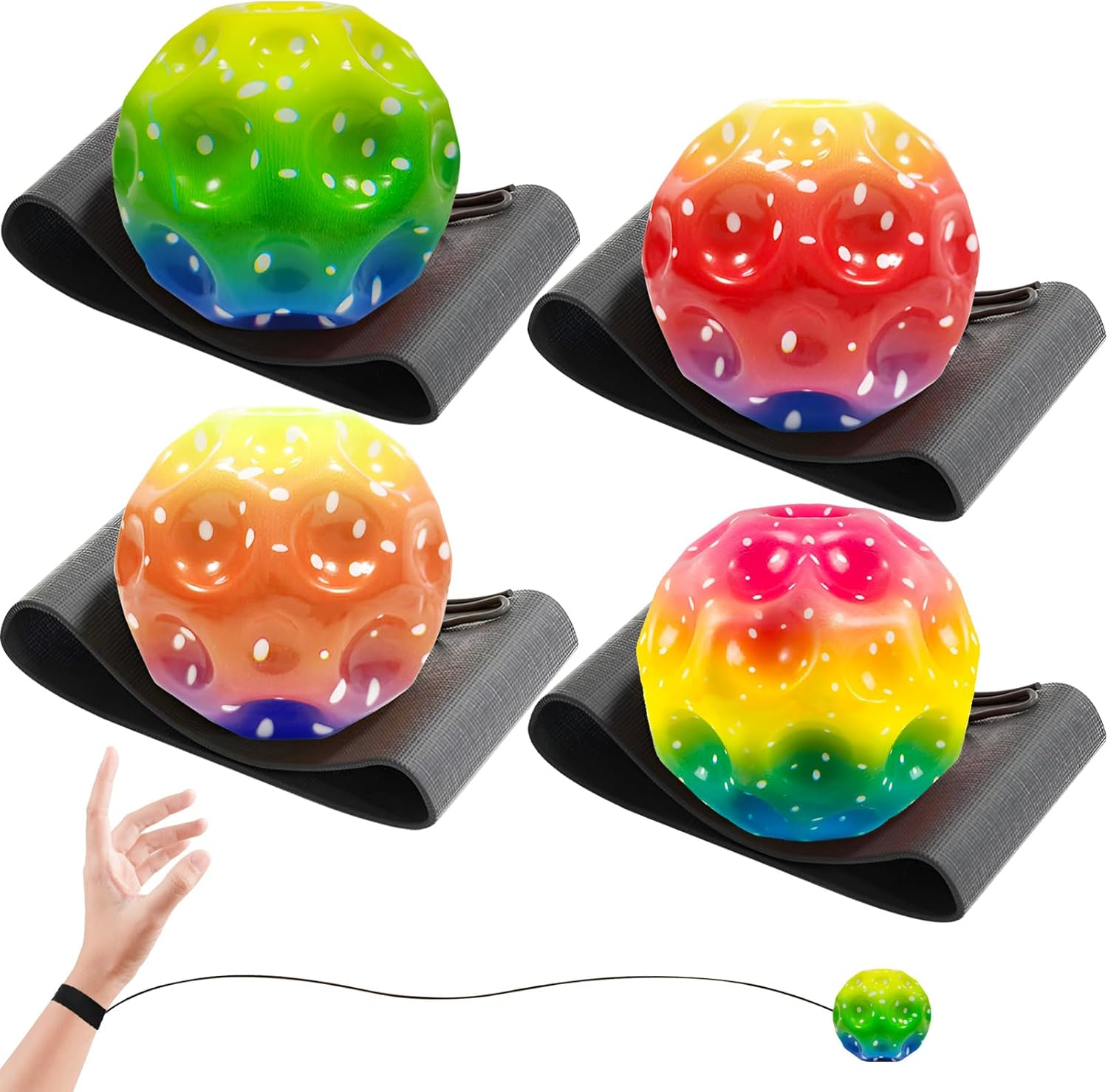 ZCOINS 4 Pcs 2.5'' Rubber Wrist Return Bounceback Ball for Kids, Wrist Rebound Bouncy Hand Ball with Wristband & Elastic String for Outdoor Game Sport Training