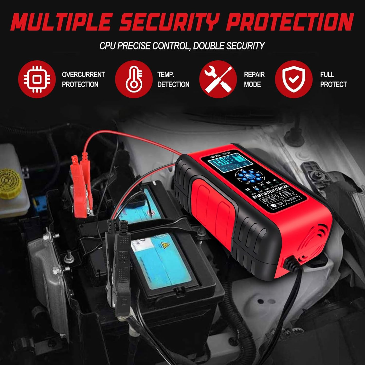 Car Battery Charger, 10A Lifepo4 Lead Acid Car Battery Charger, Upgraded Automobile Trickle Charger 12/24V, 12V Battery Charger Trickle Charger for Car Truck Motorcycle Lawn Mower Boat Marine image number 6