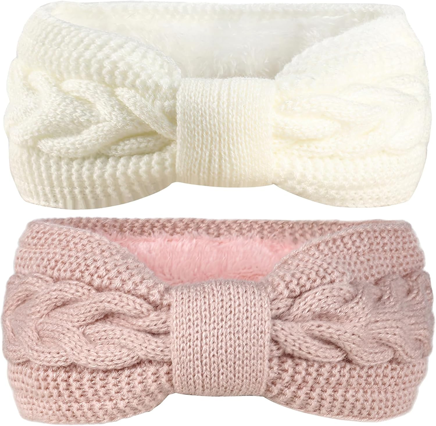 Pack of 2 Women'S Winter Headbands, Knotted Knitted Headband, Women'S Knitted Ear Warmers, Hair Band, Thick Headwrap Hair Bands, Girls Ear Warmers Headbands (White + Pink) image number 3